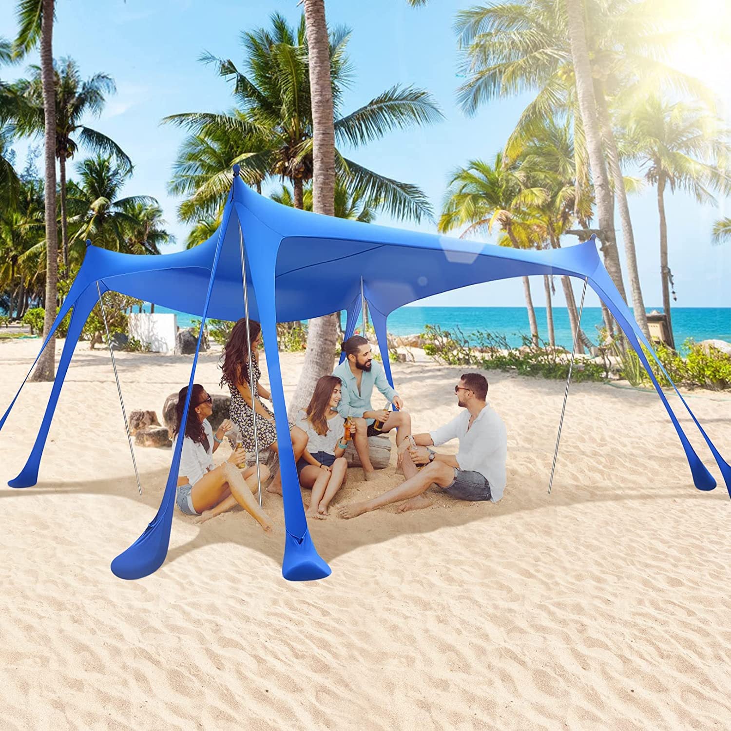 Tente De Plage Pop-up 7x7.5 Pieds - Auvent Avec Protection UPF50+ - 4 Piquets Inclus - Couleur Rainbow Waves - Neuf