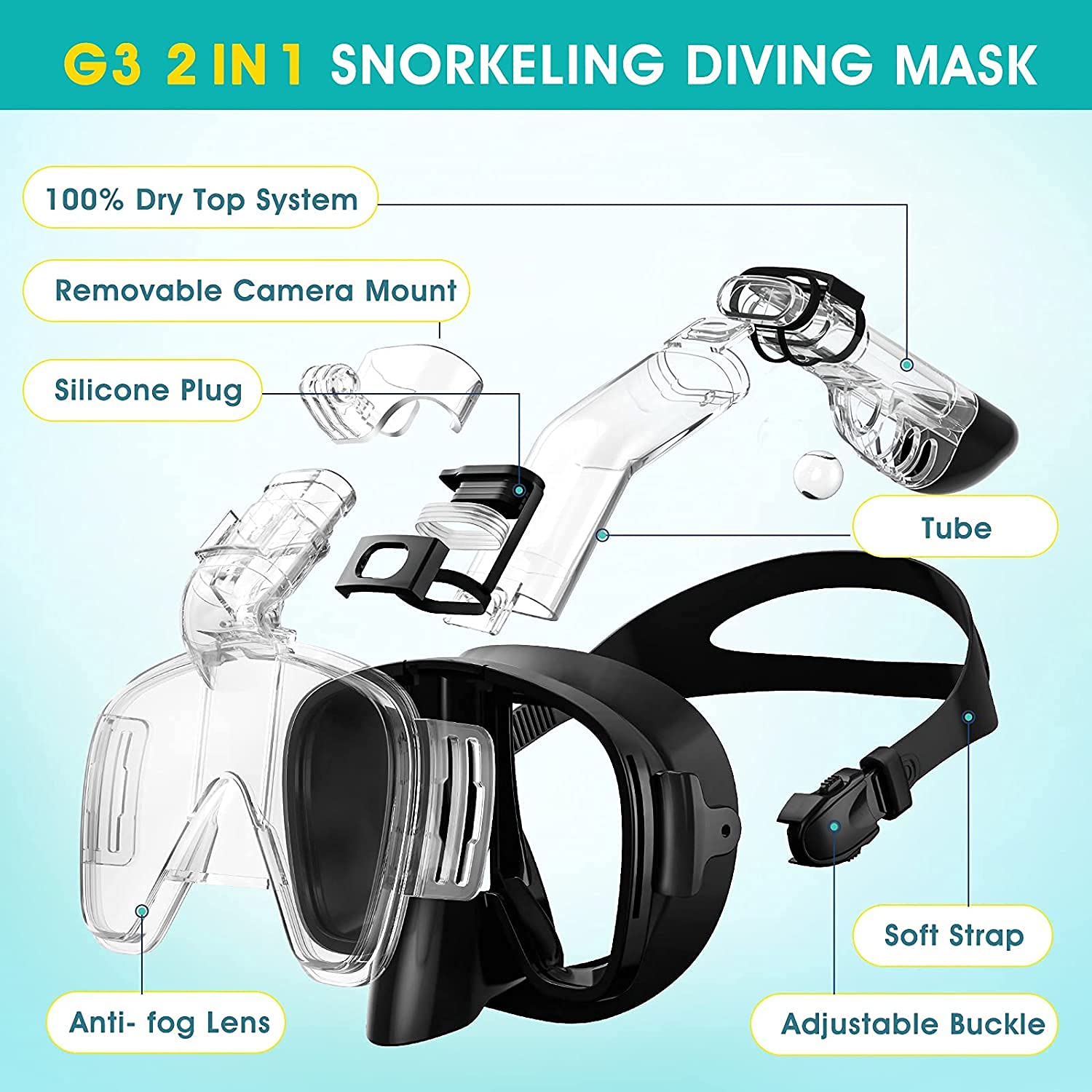 Masque de plongée et tuba en silicone antibuée, équipement de snorkeling panoramique, adapté à la natation et au snorkeling, noir - 6