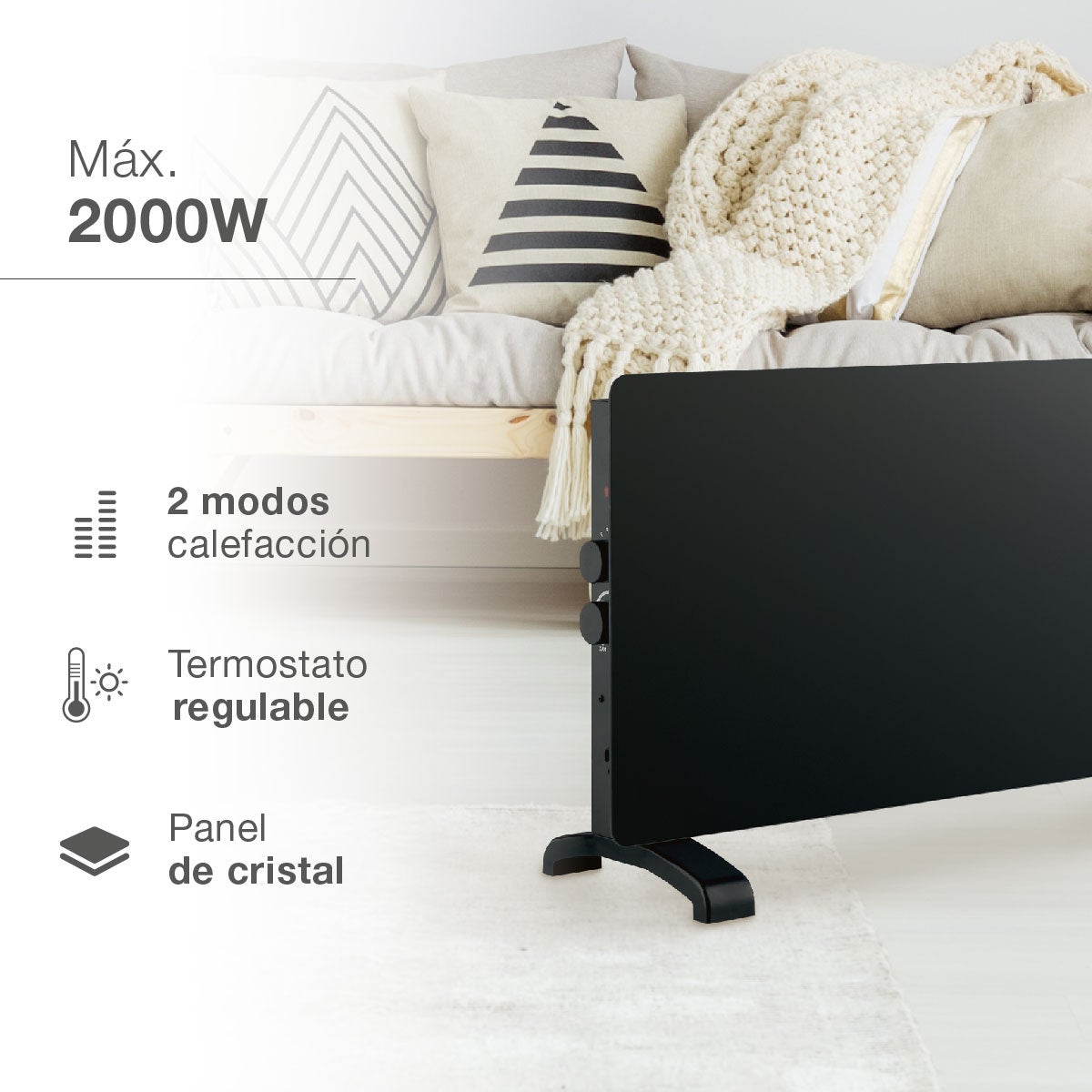 Radiador convector de cristal para 15m2 2000W Negro - 2