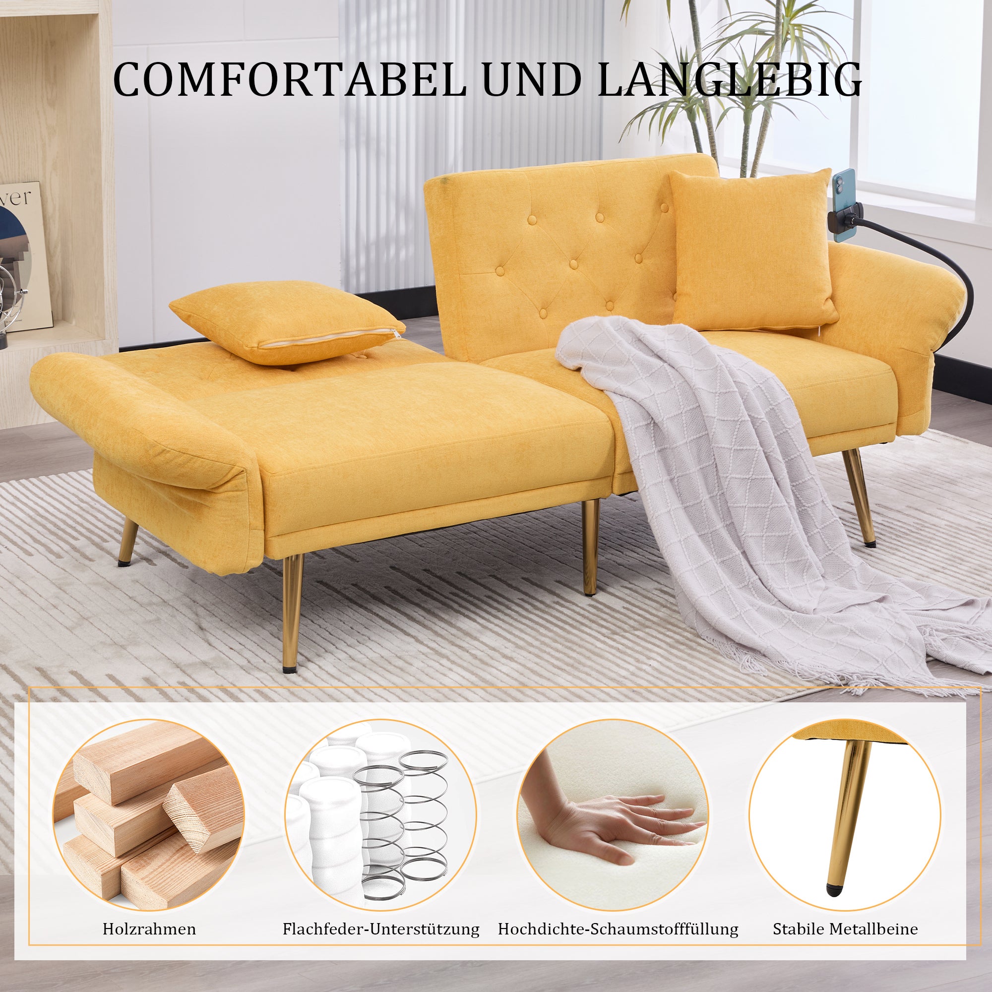 Canapé convertible - Dossier réglable et ports USB - 2 places - Chenille - Jaune (173x78x78cm) - 5