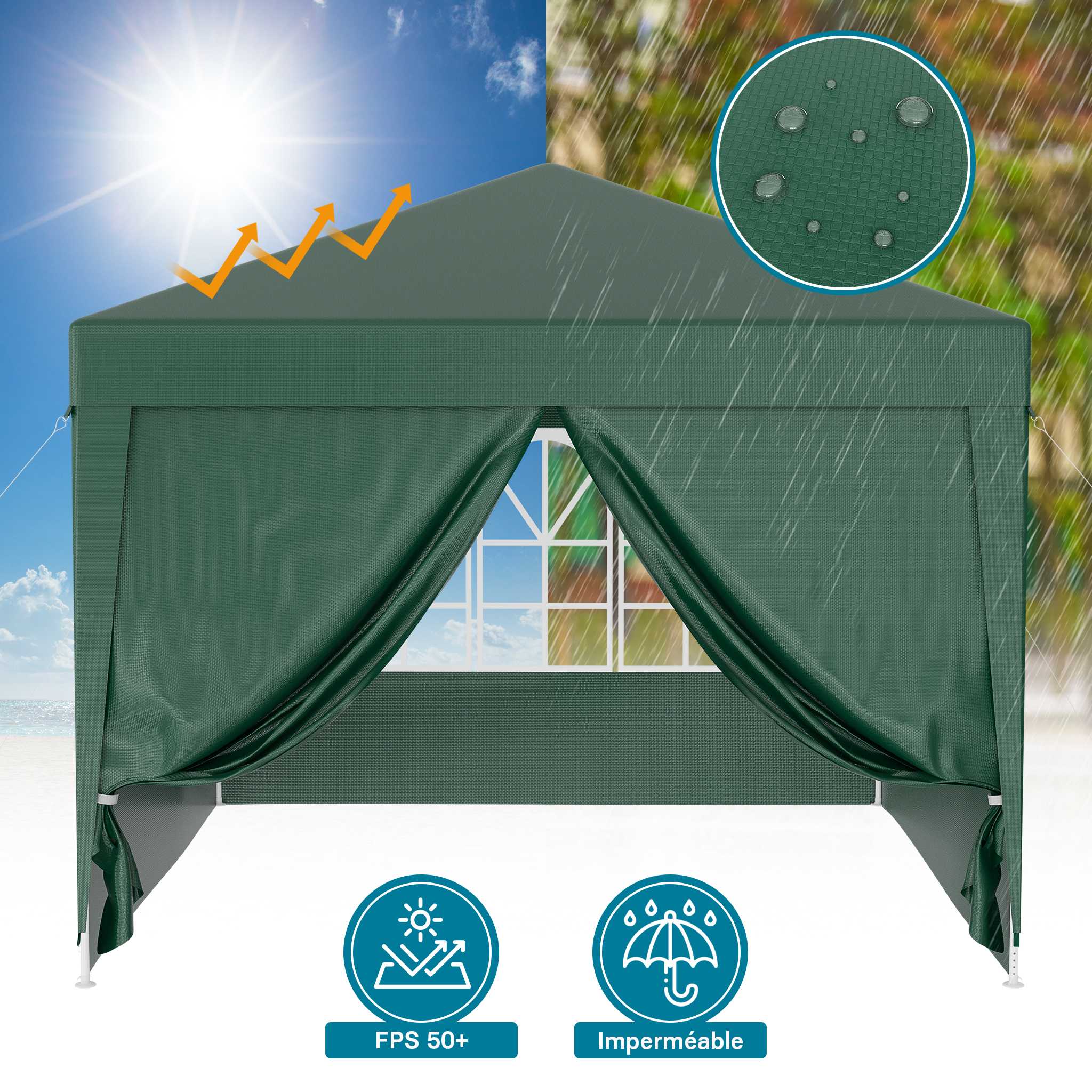 Pavillon 3 x 3 m en vert avec protection UV 50+, gazebo de jardin avec côtés amovibles, tente de réception avec fenêtres pour terrasses et… Wiltec - 3
