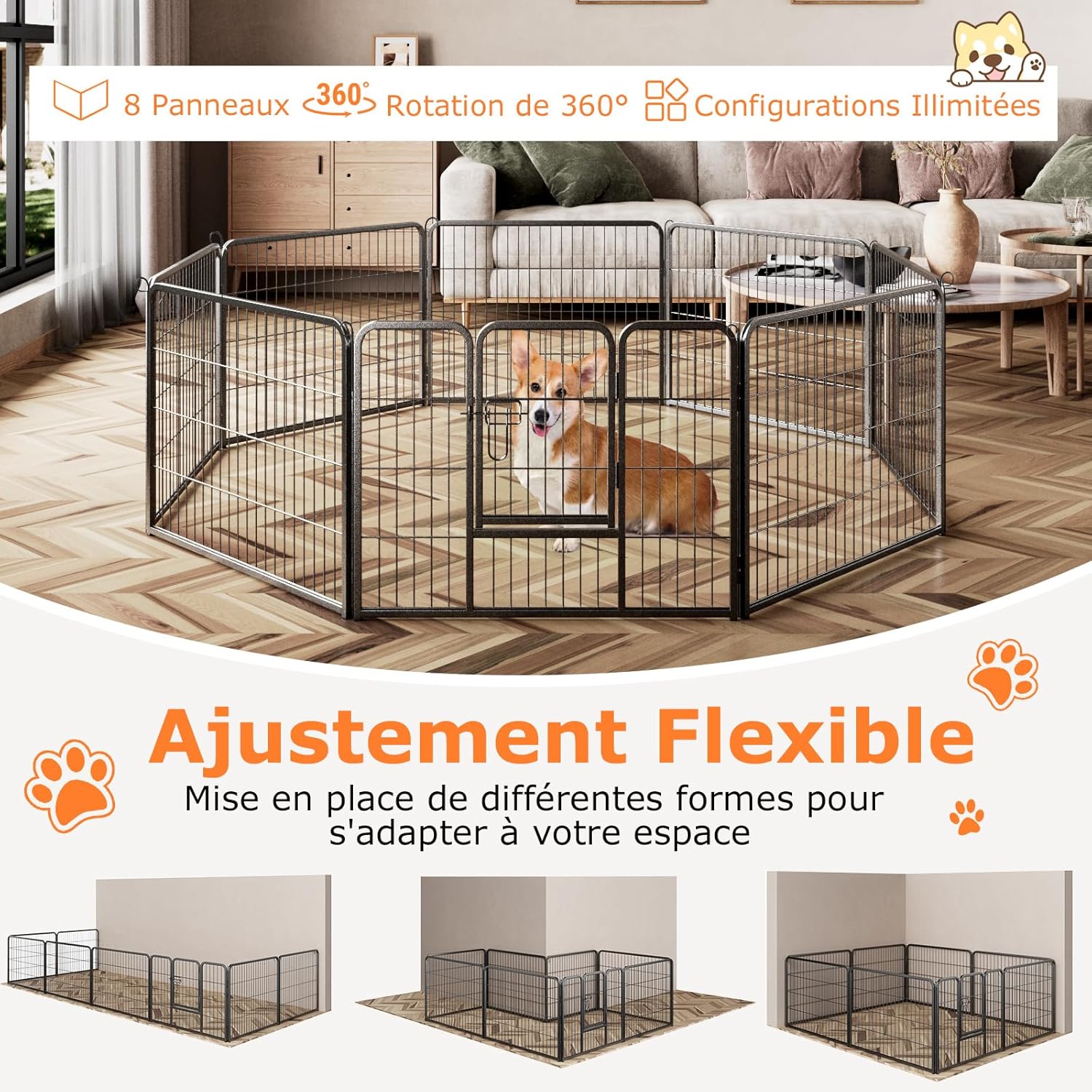 Pista para cães interior/exterior, 8 painéis, pista para cães dobrável portátil com porta, 8 estacas no chão, rotação de 360°, (79 × 60 cm) - 4