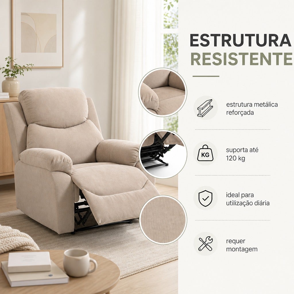 Fauteuil Relax Manuel Beige 85x93x105cm Tissu Lin Repose-Pieds Accoudoirs Rembourrés - 5