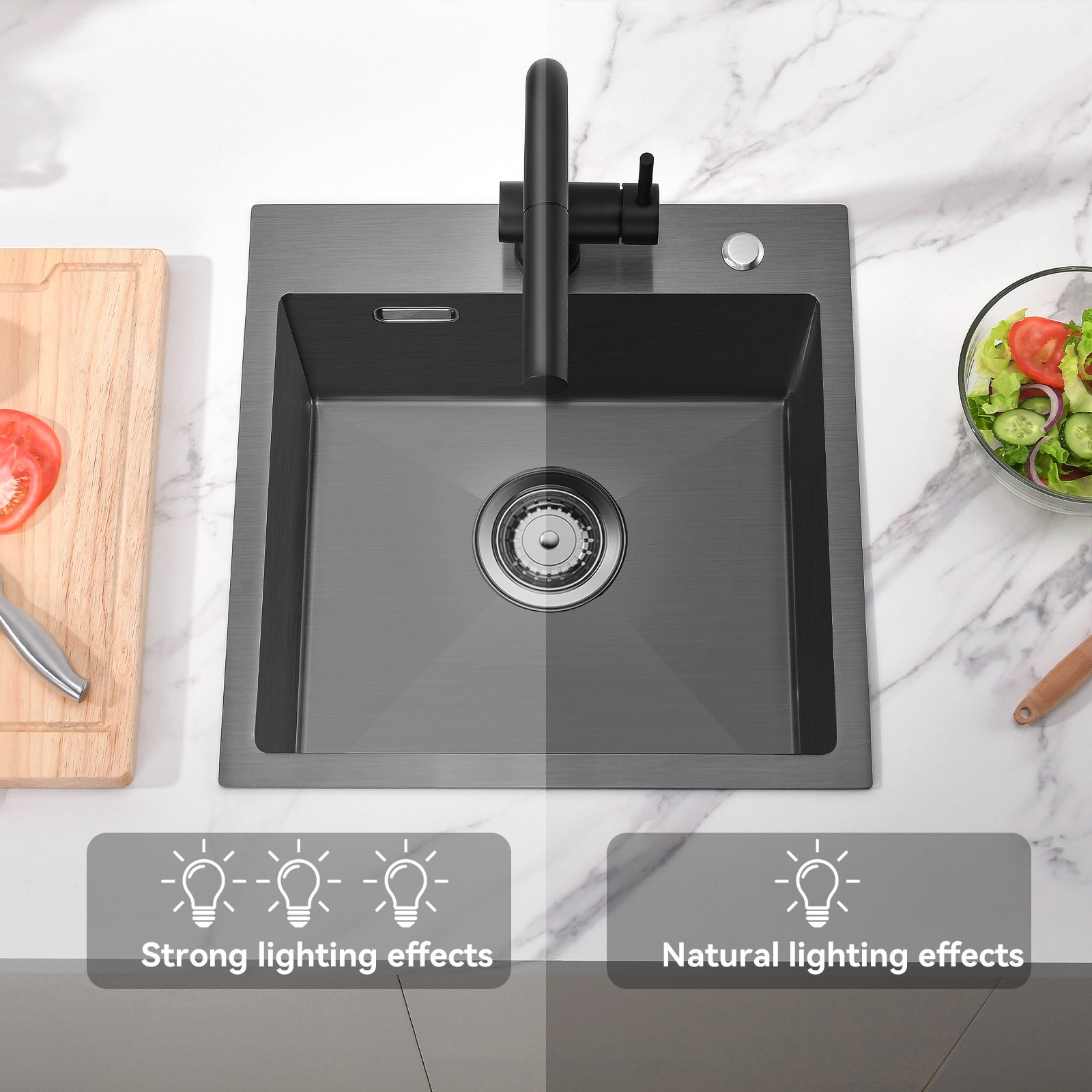 AuraLum Max Évier Cuisine 1 Bac en Acier Inoxydable Noir 45x45CM Évier Encastré et à Poser Évier avec Trou de Montage pour Robinet,EU Modèle - 6