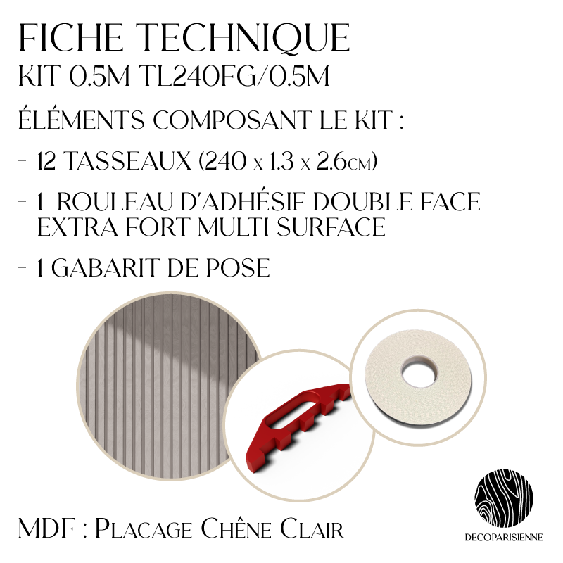 Pannelli decorativo grigio cenere - Dima di installazione fornita - Superficie di 1,2 m2 - Pannello listelli su misura - 3