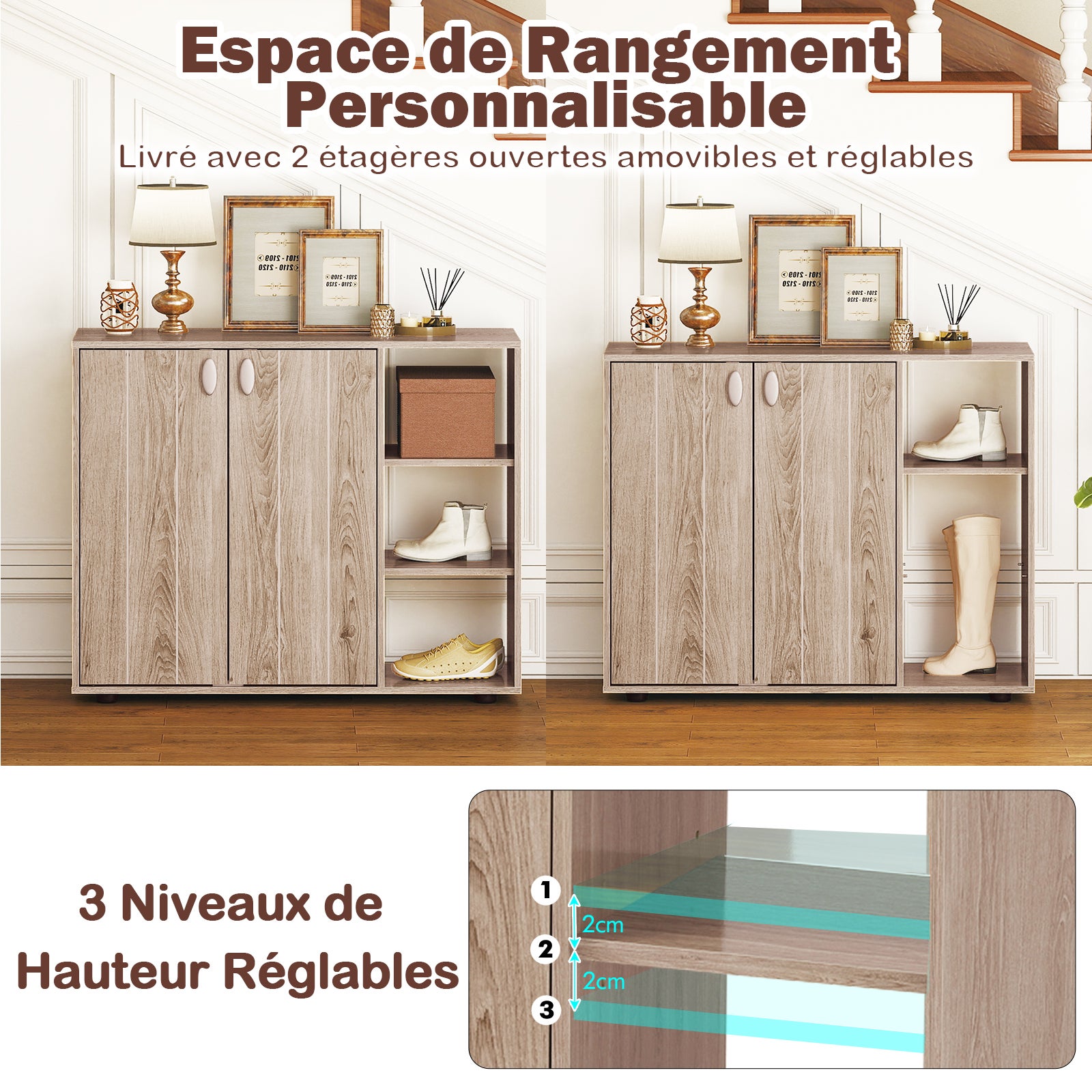 Meuble à Chaussures avec Portes, Range-Chaussures à 3 Niveaux avec Étagères Ouvertes Réglables, pour Entrée, Salon, Placard, 80 x 31 x 64,5 cm, Nature - 3