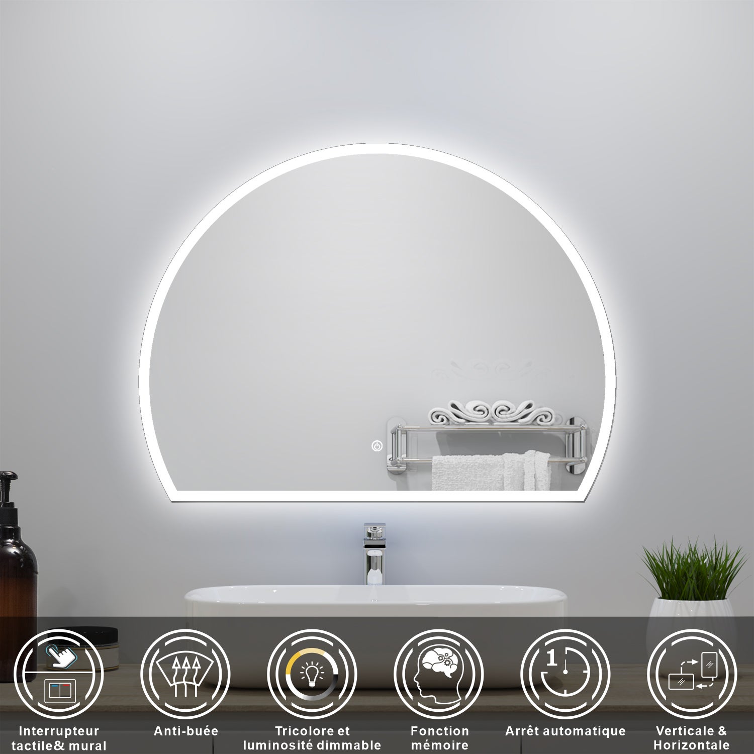 Miroir de salle de bain lumineux 80x60cm avec Anti-Buée + 3 Couleurs + Dimmable, Miroir LED Mural - 2