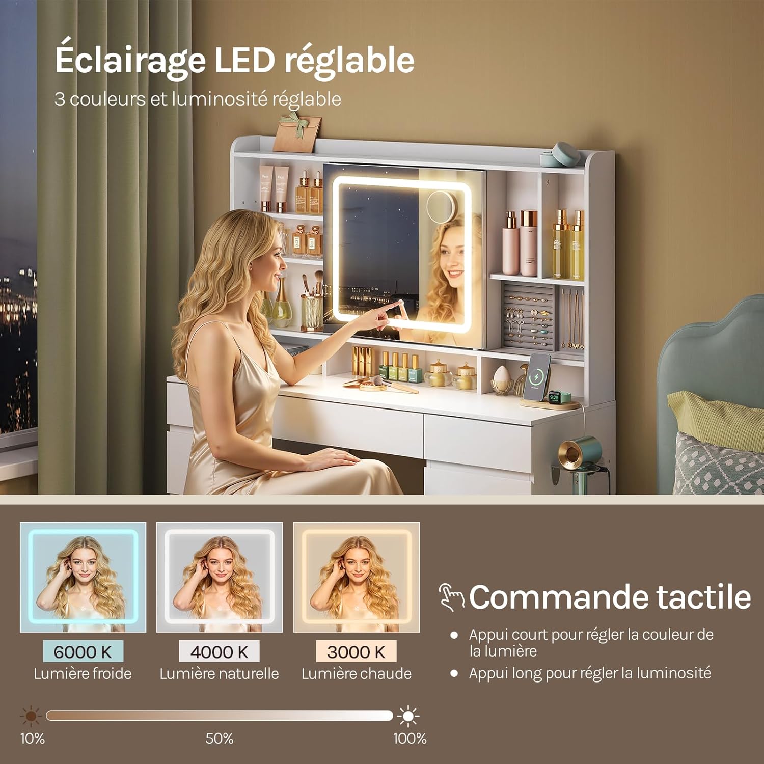 WOLTU Coiffeuse avec Miroir LED Coulissant, Grande Coiffeuse avec 9 Tiroirs, Luminosité Réglable, en Bois, Blanc - 3