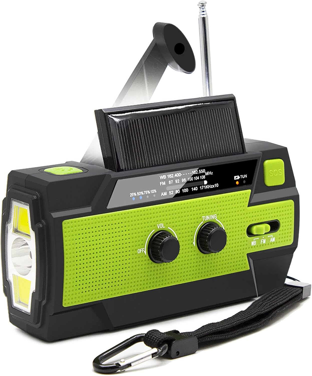 Radio z korbką ręczną 4000 mAh na energię słoneczną, zielone – przenośne radio survivalowe – powerbank solarny – radio na plac budowy – z latarką i al