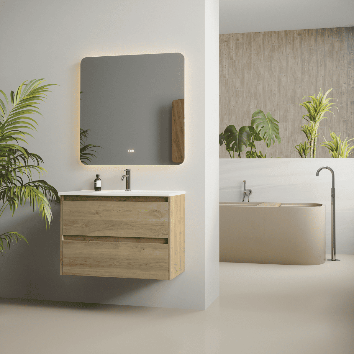 Armoire de salle de bain suspendue avec lavabo en céramique| 2 tiroirs | 60 cm Chêne naturel - 3