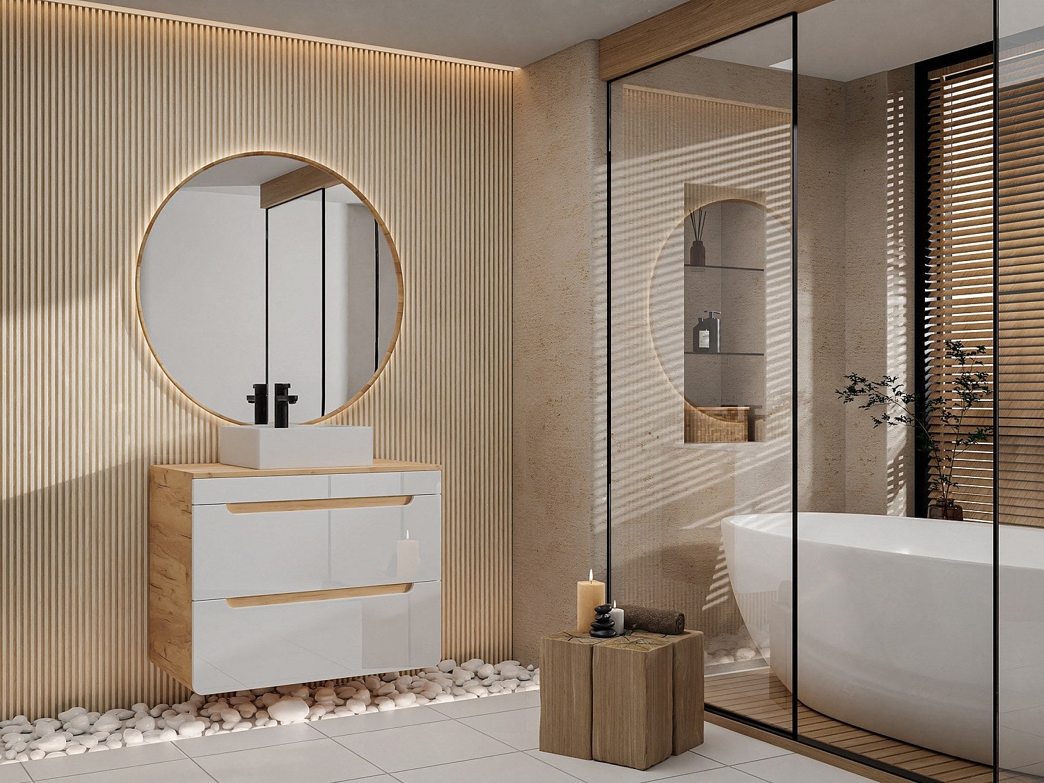 Szafka pod umywalkę wisząca z blatem - 80 cm - Naturalny jasny i biały - ARUBA