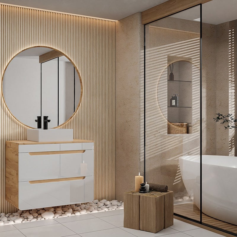 Szafka pod umywalkę wisząca z blatem - 80 cm - Naturalny jasny i biały - ARUBA