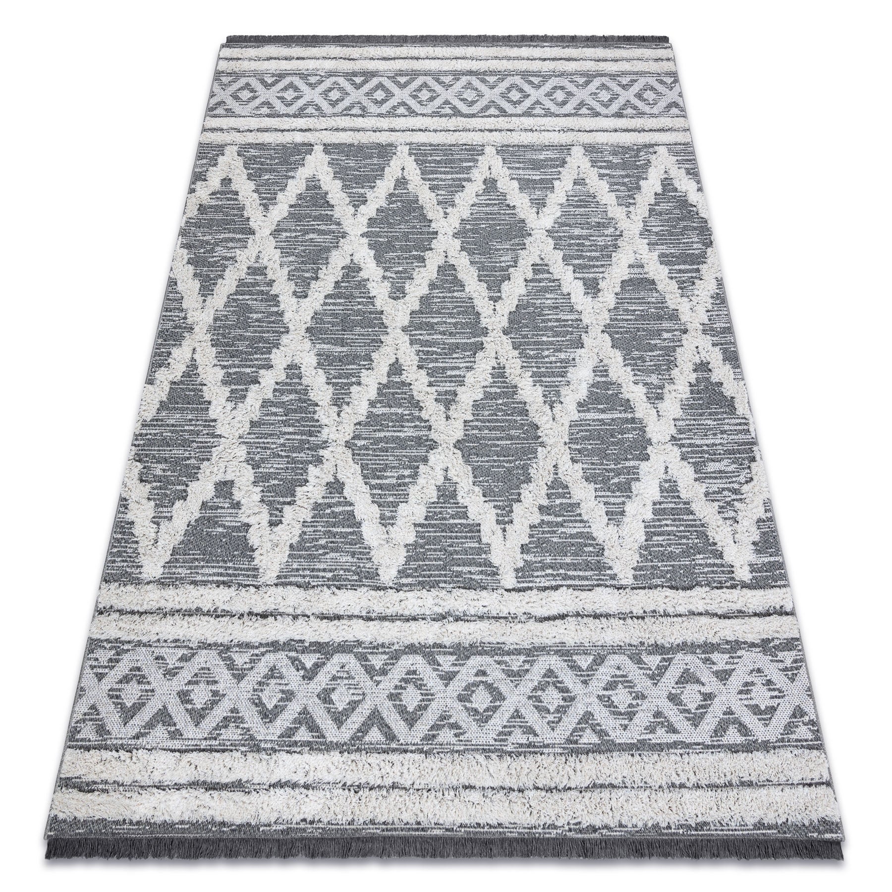Dywan MOROC Romby 22297 Ekologiczny, EKO SIZAL frędzle - dwa poziomy runa szary / krem, dywan z bawełny recyklingowanej 117x170 cm