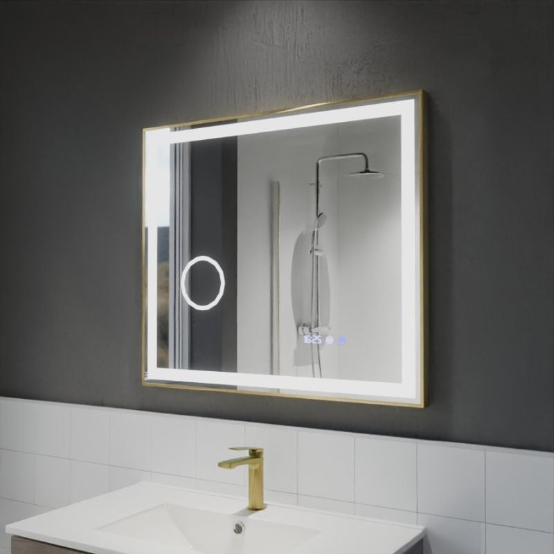 Miroir LED cadre doré CARA 80 cm x 70 cm - antibuée, horloge et loupe - 7