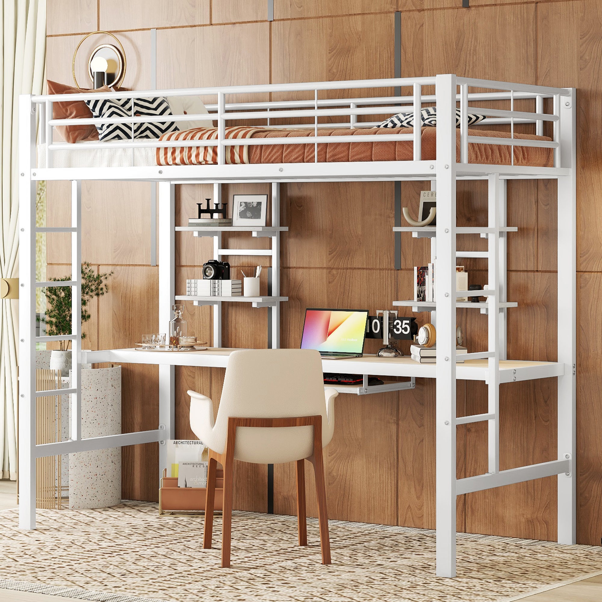 Łóżko piętrowe 90 x 200 cm z biurkiem i 2 półkami - Metal + MDF - dla dzieci - Białe (Materac nie jest wliczony w cenę)