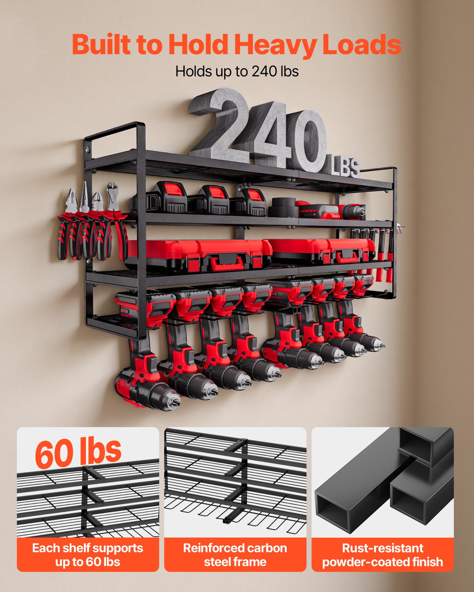 Organiseur mural VEVOR pour outils électriques, support rangement à 4 niveaux avec 8 emplacements, support tournevis, pour garage, établi et atelier - 5