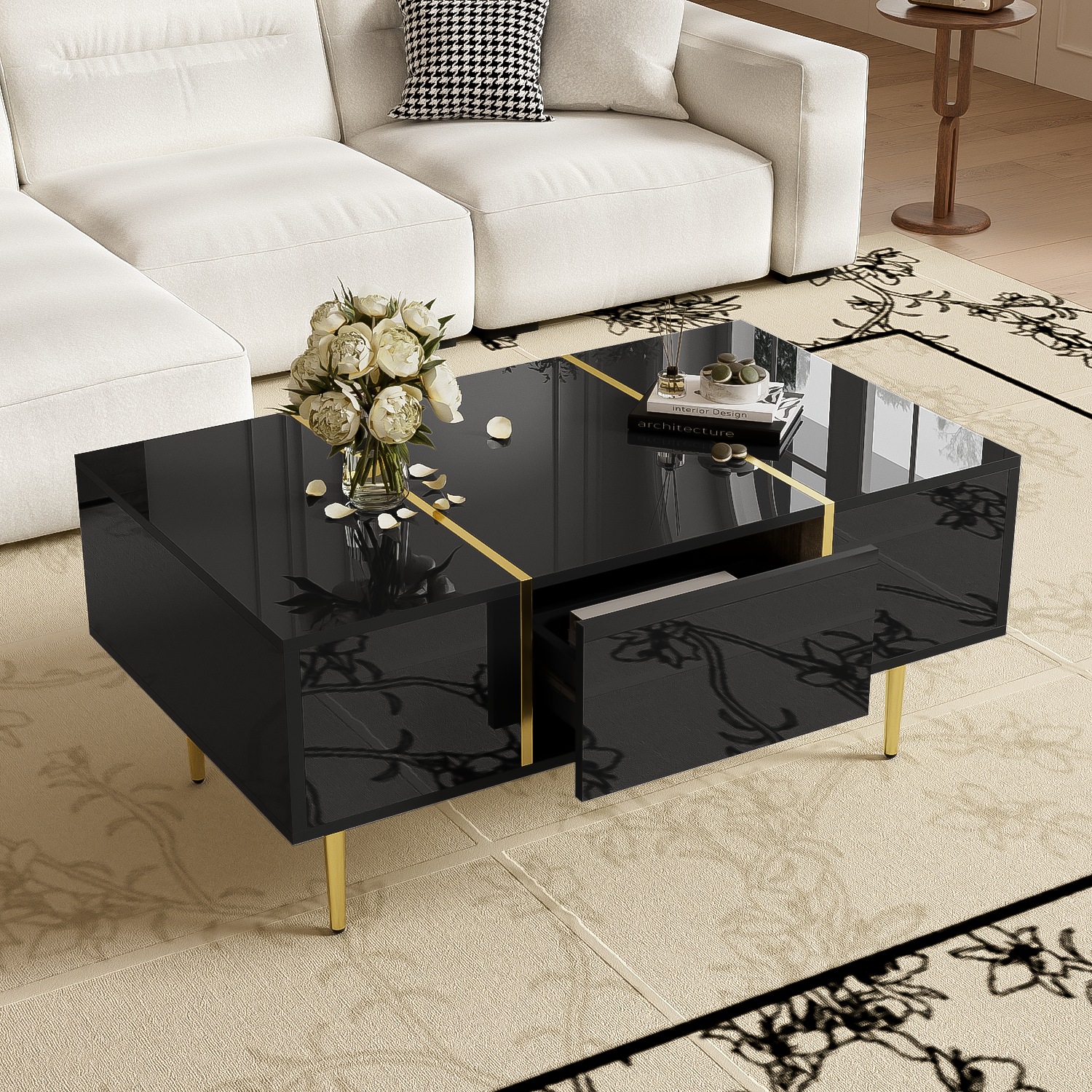 Tavolino da caffè 100×60×41,5 cm con 2 cassetti, piedi dorati, in MDF, nero e oro - 3