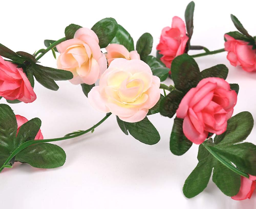 5 pcs 2.7 M artificielle faux rose guirlande vigne suspendus fleurs en soie guirlande de fleurs artificielles avec des feuilles de lierre vert (rose) - 3