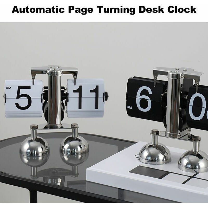 Horloge automatique tournante de page en acier inoxydable à double pied à petite échelle Horloge de bureau à rabat Vintage Salon Décoration de la mais - 3