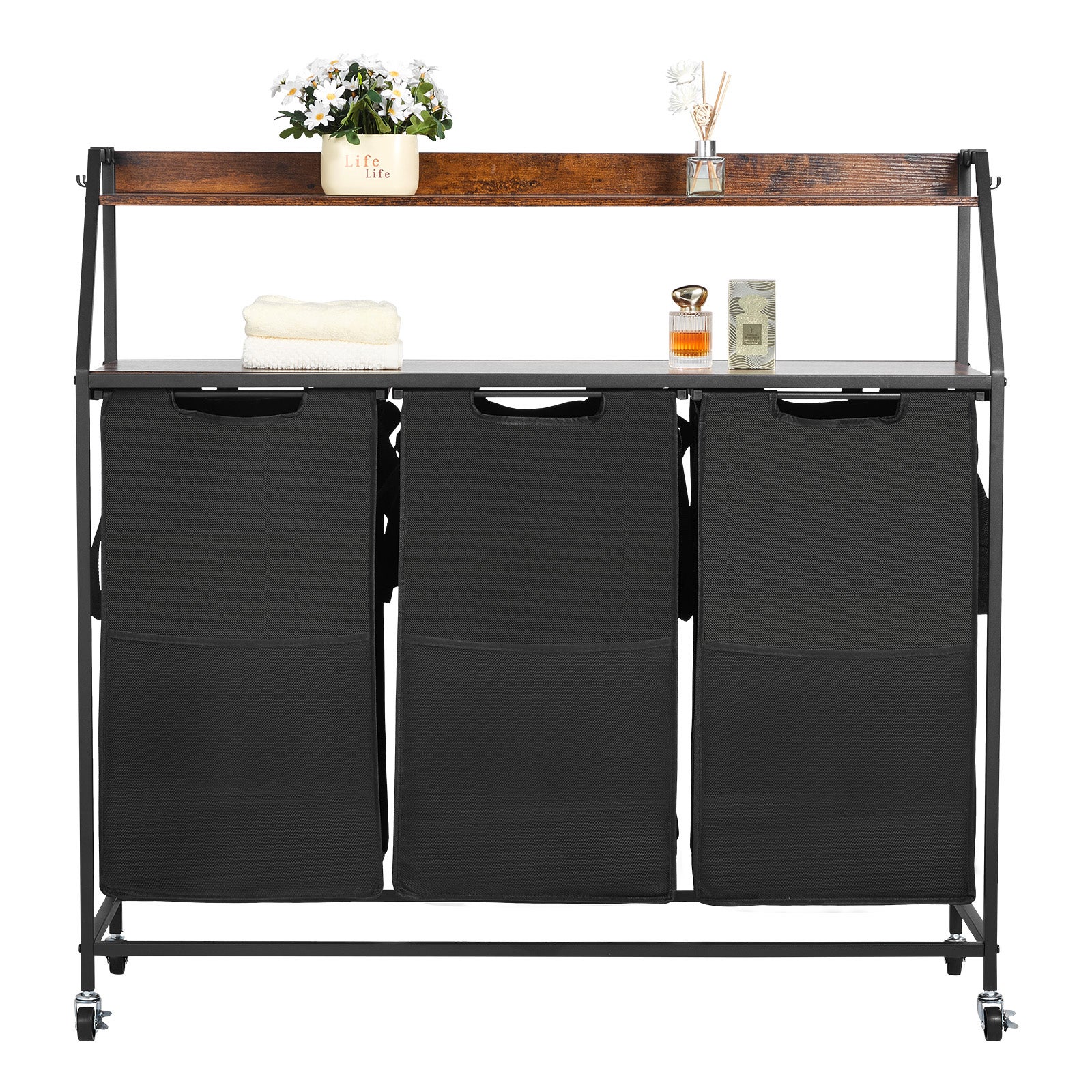 Sorter prania VEVOR 3 komory na kolkach z polka stal Oxford 600D kosz na pranie organizer