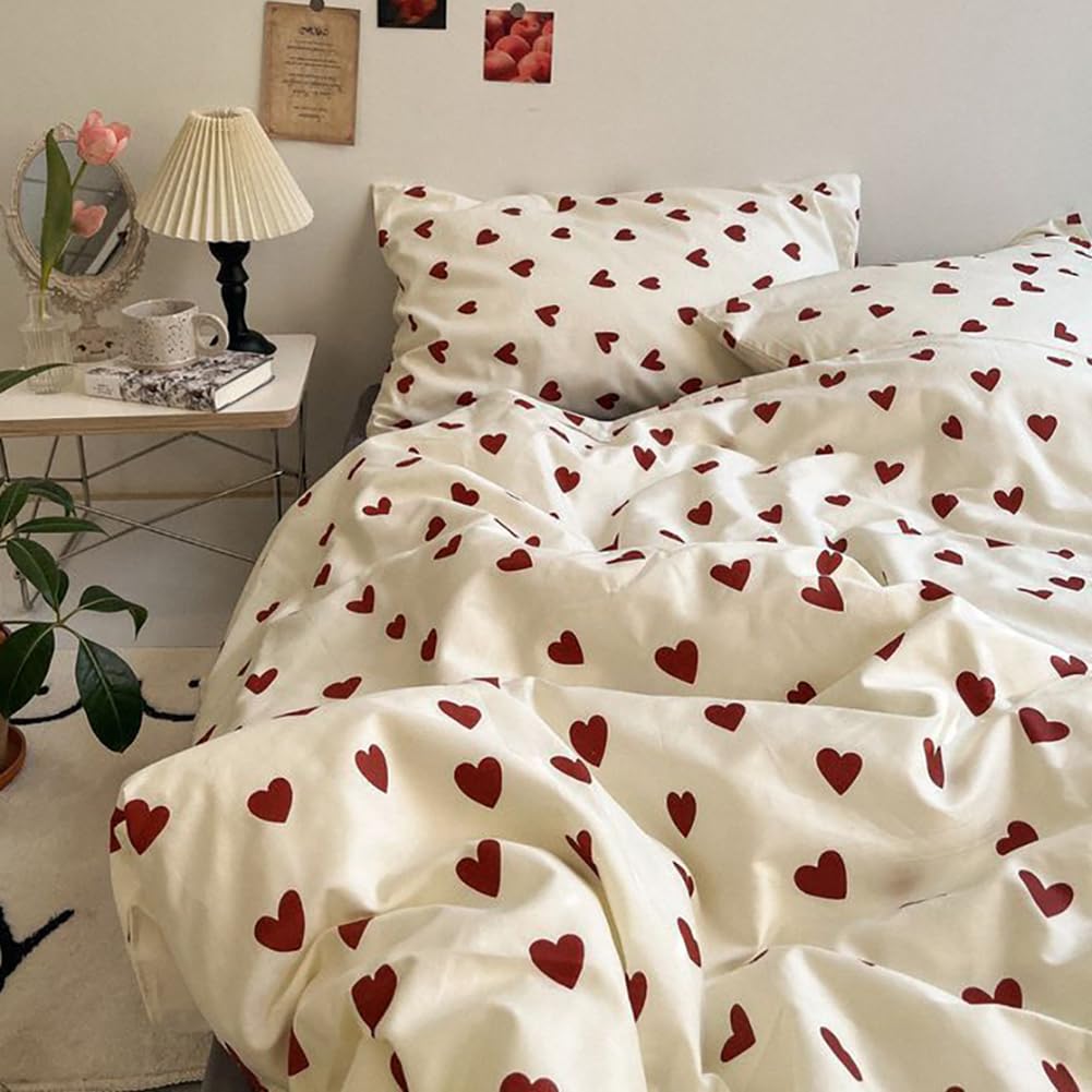 Set di biancheria da letto in stile coreano Full Queen Size Red Heart con copripiumino Lenzuolo piatto e federa - 4