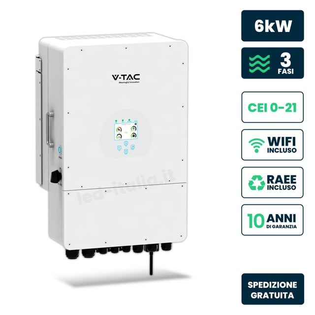 Inverter Fotovoltaico Deye Trifase Ibrido On-Grid/Off-Grid 6kW CEI 0-21 con Schermo LCD Touch a Colori, Accessori inclusi Garanzia 10 Anni IP65