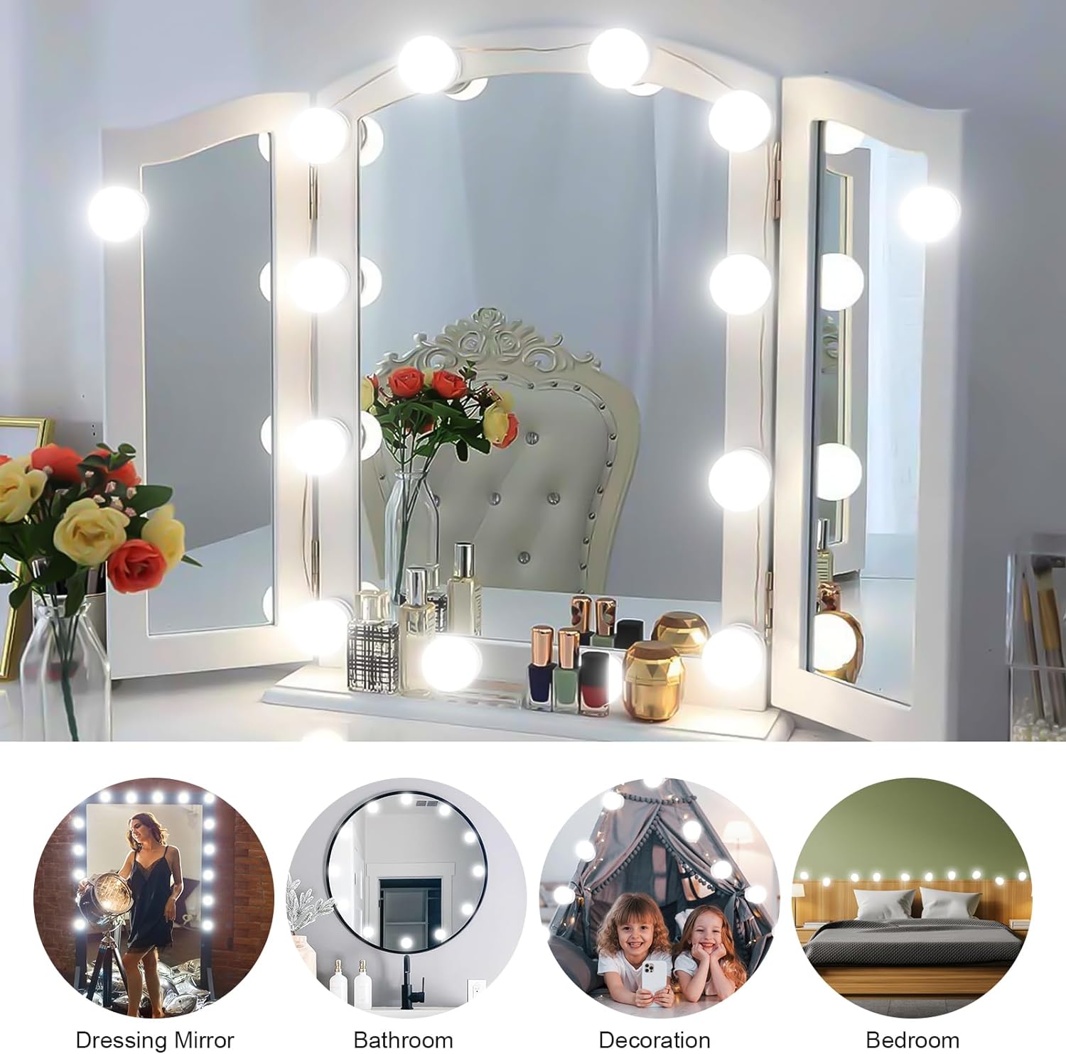 Lumière de Miroir, 14 Ampoules pour Coiffeuse Maquillage, Miroir LED Hollywood Dimmable, Lampe Coiffeuse USB avec Interrupteur,3 Couleurs - 7