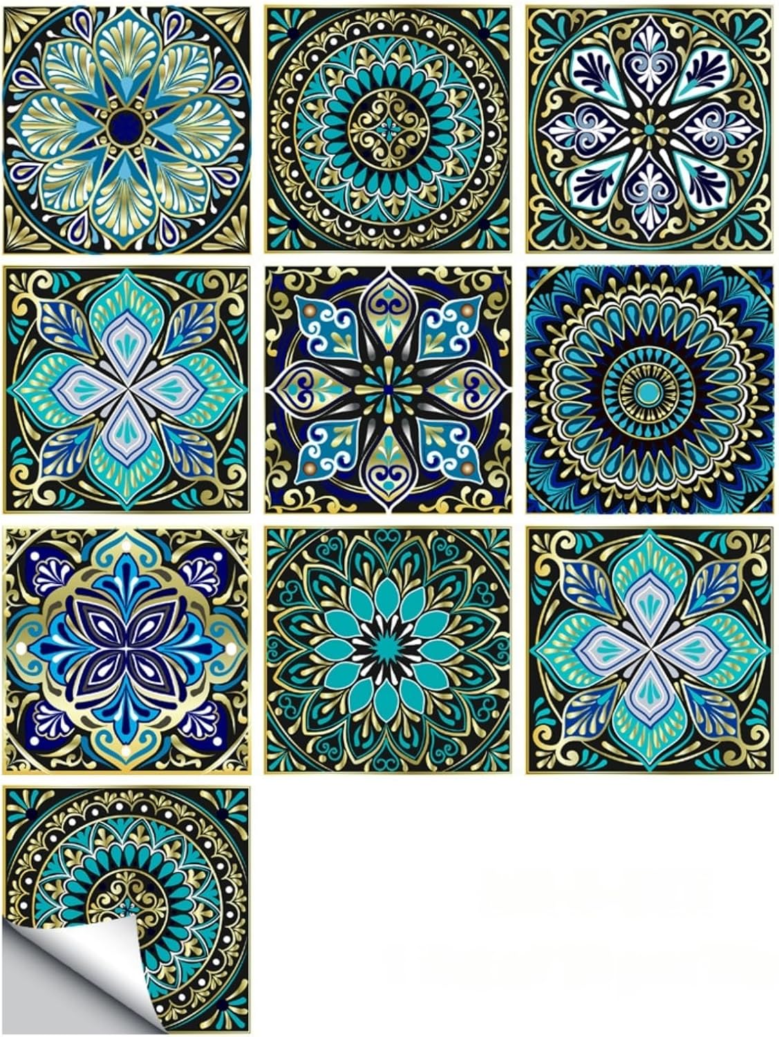 Zestaw 10 wodoodpornych, zmywalnych naklejek mandala - 10,2 x 10,2 cm - Dekoracja na ścianę w kuchni lub łazience