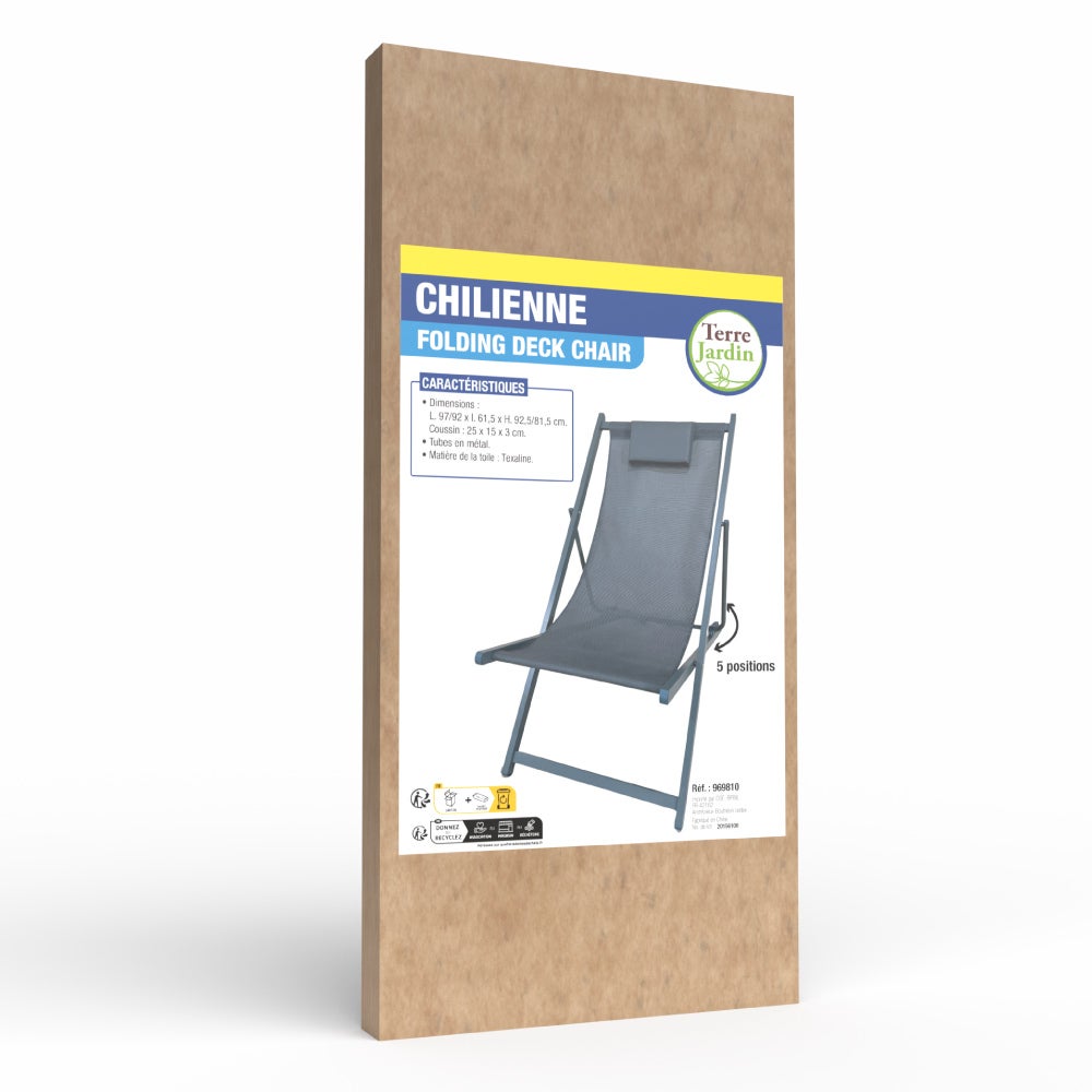 Chaise chilienne pliante 94x61 cm textilène anthracite avec coussin – 5 positions - 9