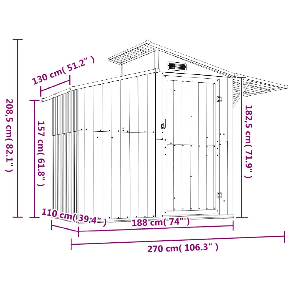 Abri de jardin Gris 270x130x208,5 cm Métal galvanisé vidaXL - 3
