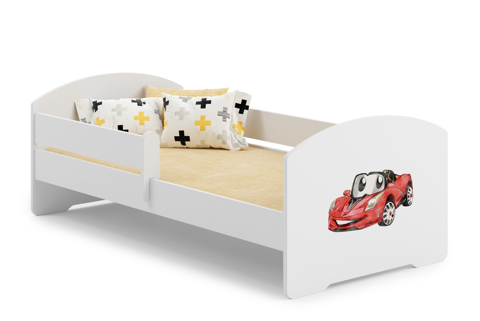 Białe Łóżko Dziecięce 140x70 cm z Barierką – Wzór Samochód – W Zestawie Materac Piankowy i Pełna Konstrukcja, Wymiary 144x77x56 cm