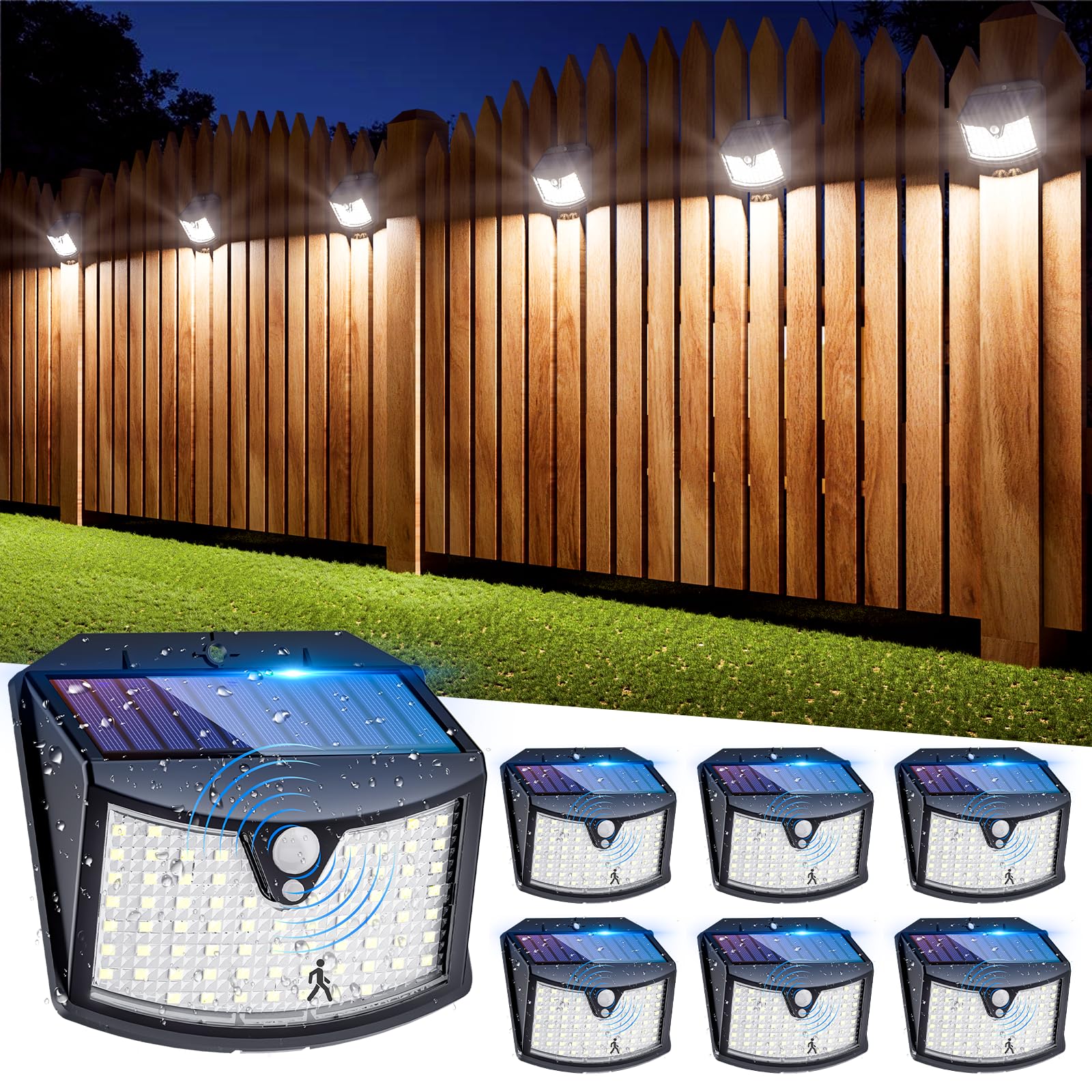 6-częściowe inteligentne oświetlenie słoneczne do ogrodu zewnętrznego, kinkiet z czujnikiem ciała ludzkiego, światło białe, 70LED
