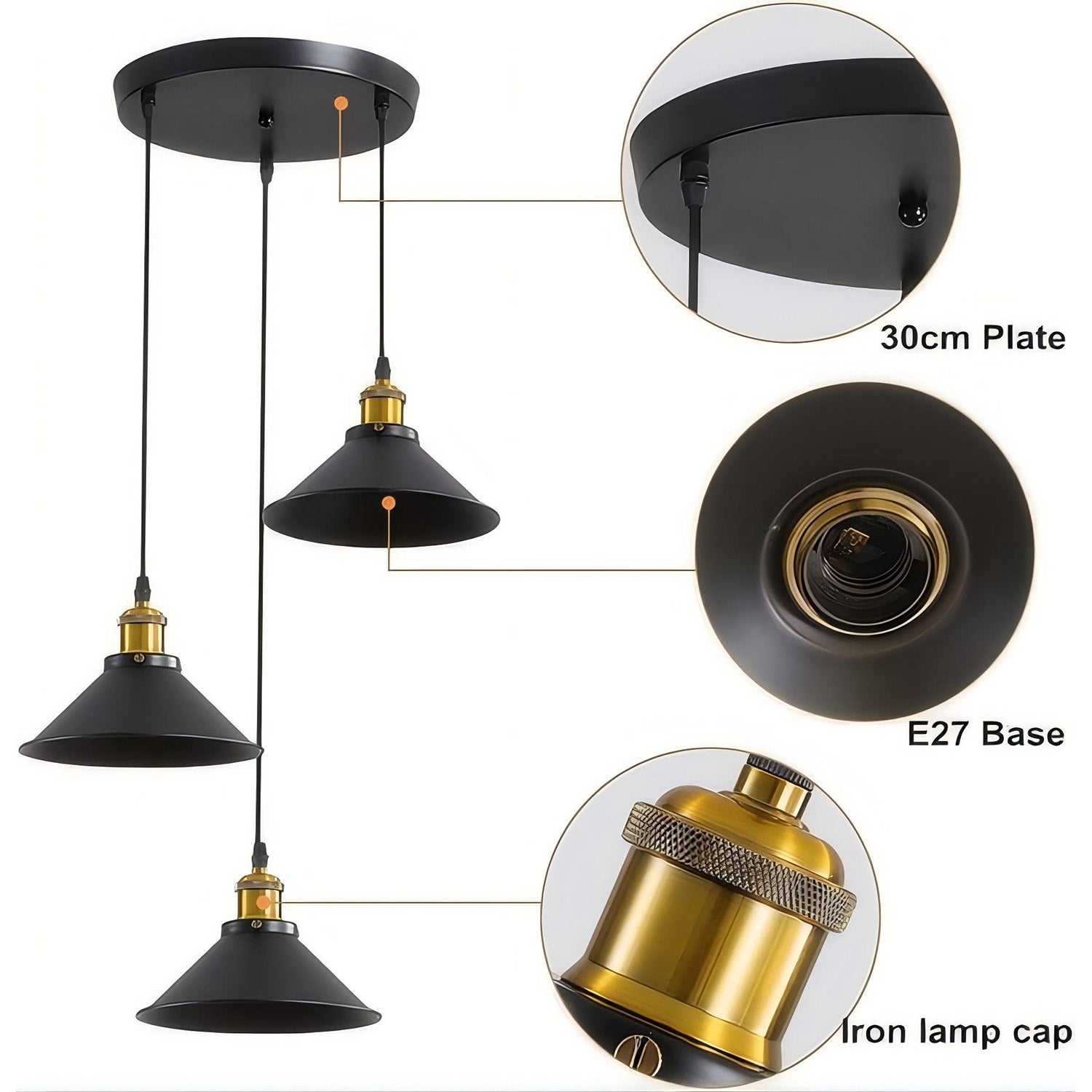 GOECO Suspension 3 Lumières Plafonnier Rétro Industriel Design Edison Suspension en Métal avec Support Plaque Ronde, Ø 22 cm, Noir - 9