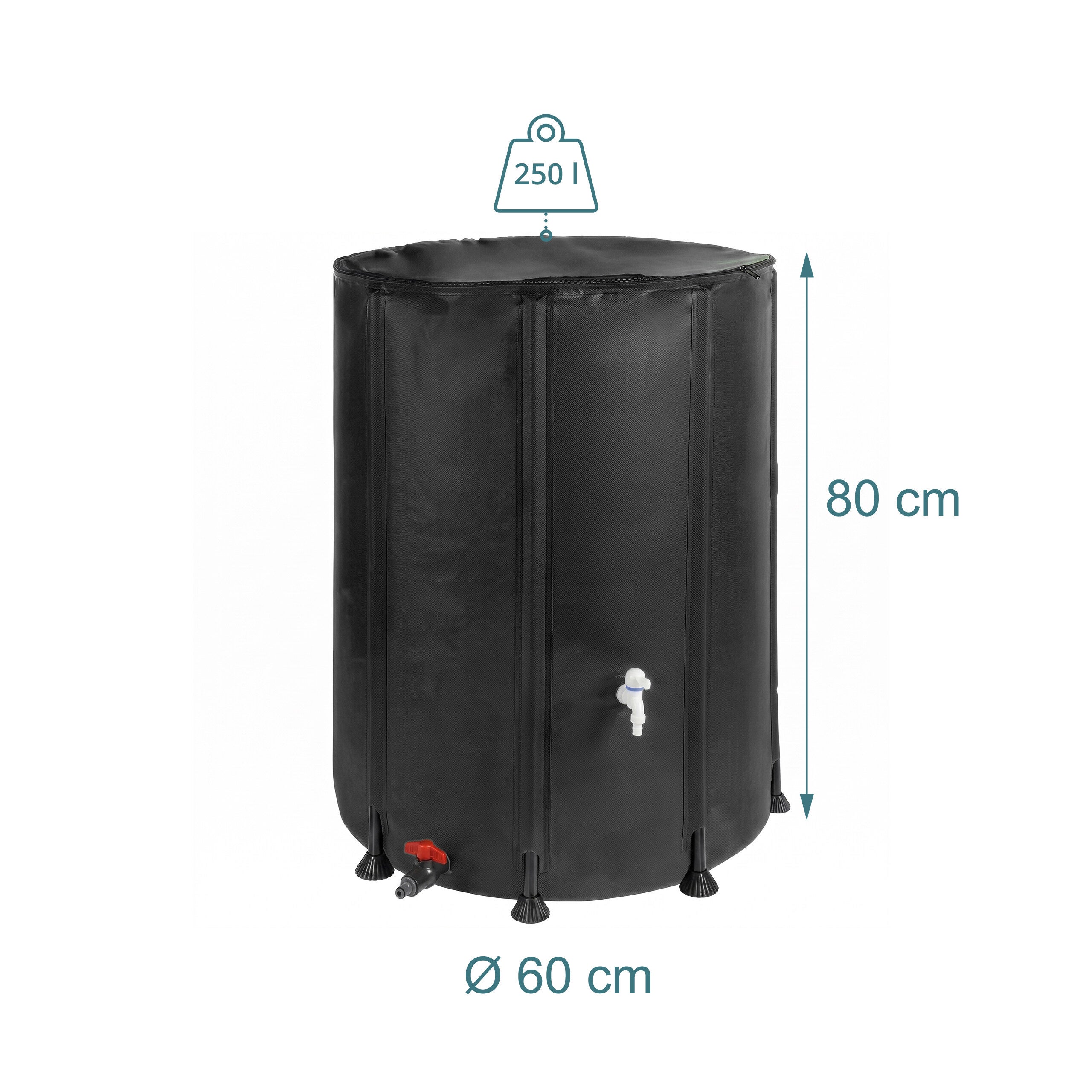 Depósito dobrável de água da chuva em PVC preto, 250 l, 80 x ø 60 cm, jardim e varanda, 2 torneiras, transbordo e tampa anti-folhas, Relaxdays - 4