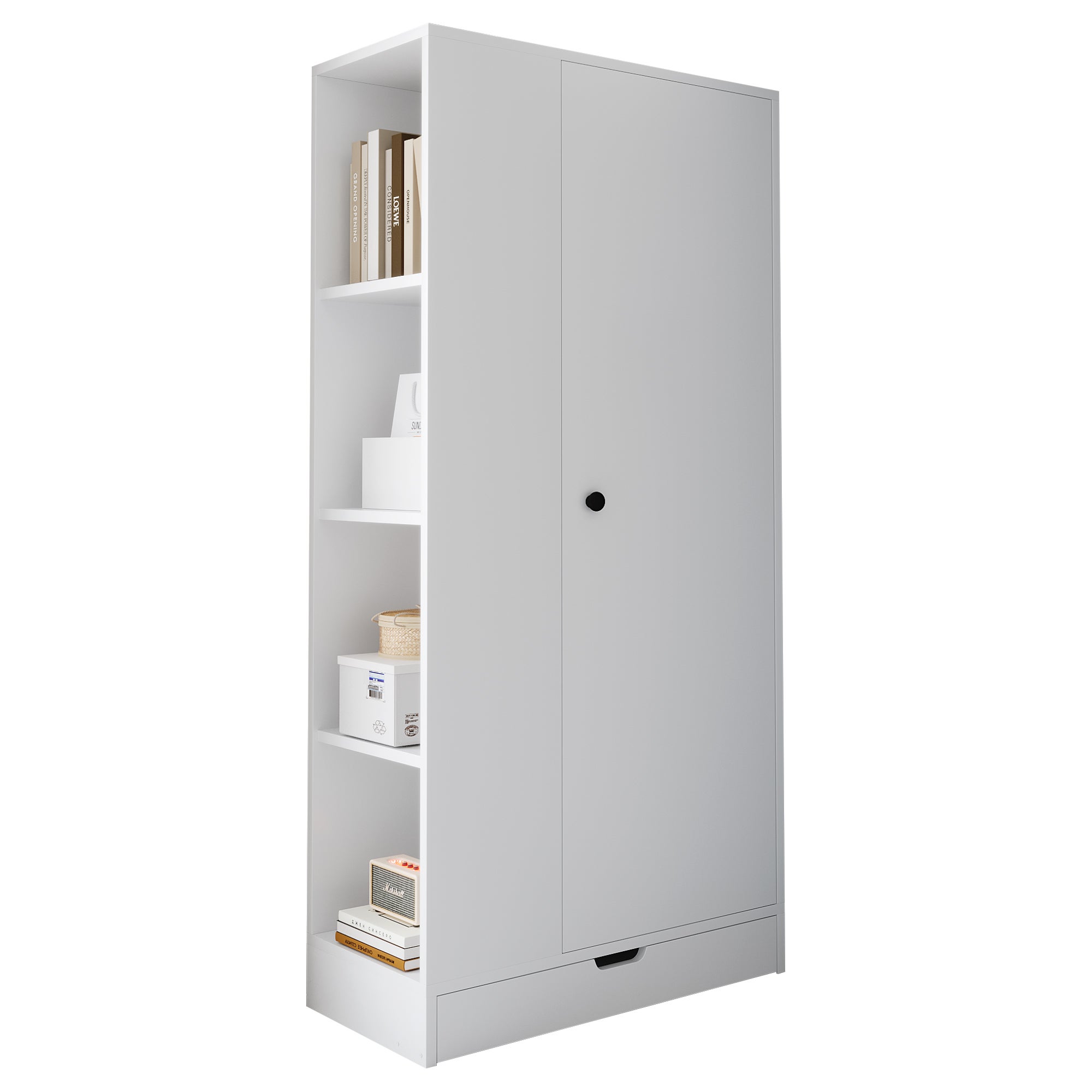 Armoire avec 1 porte, 1 tiroir et étagères latérales - 70 x 40 x 170 cm - Métal+contreplaqué+MDF - Blanc - 6