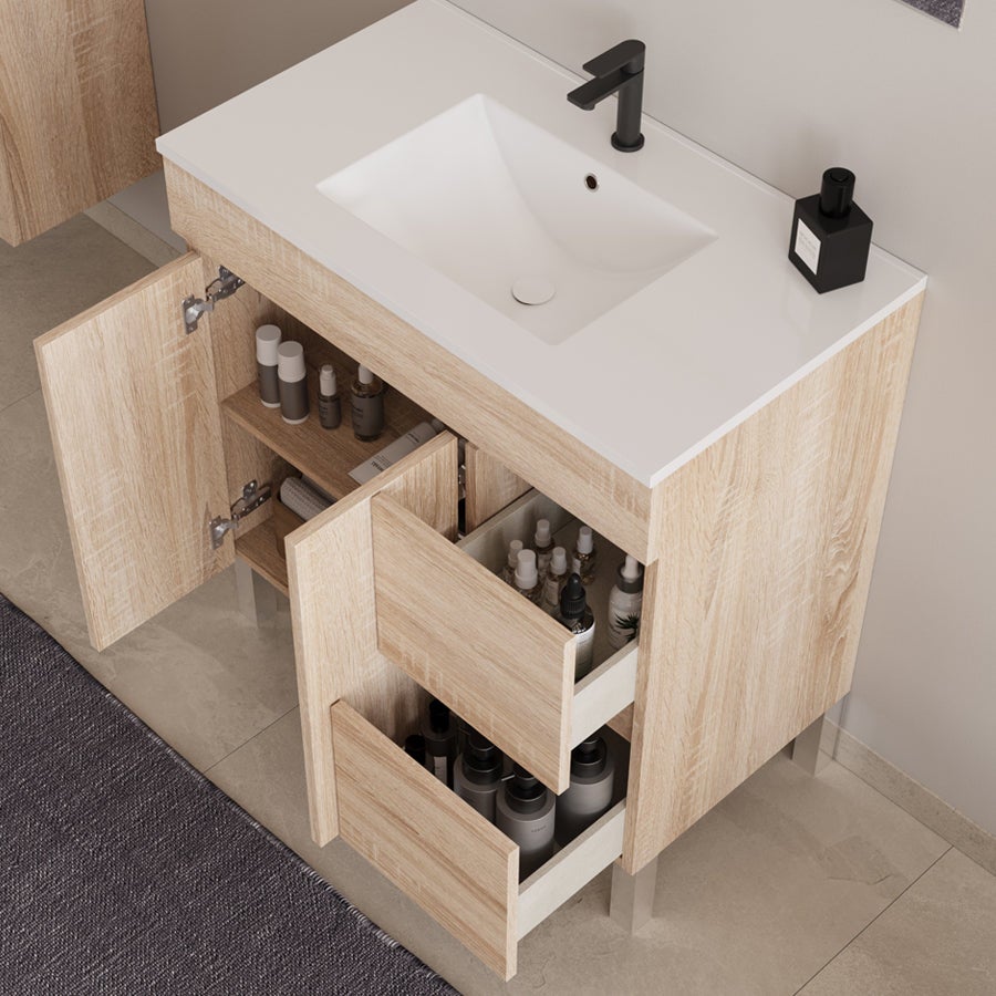 Meuble de salle de bain 80cm simple vasque sur pieds avec portes et tiroirs - cambrian (chêne clair) - HARO - 3