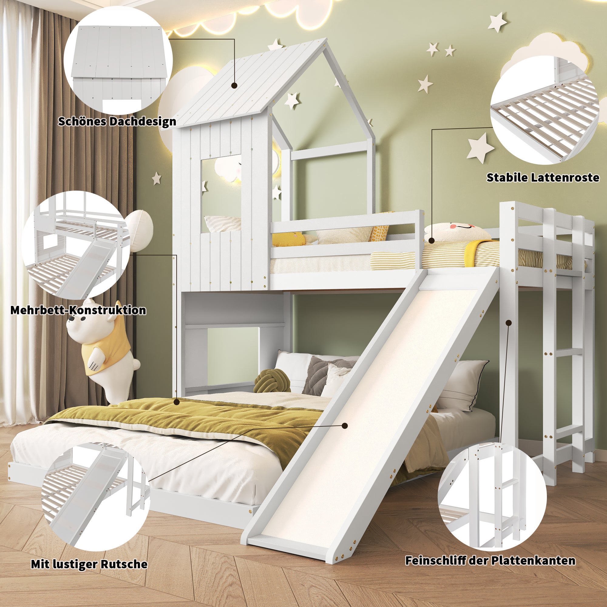 Lit superposé 140(90)x200 cm,3 places, lit maison avec Fenêtre, lit enfant avec toit et toboggan, 2 sommiers à lattes, pin + MDF, blanc - 5