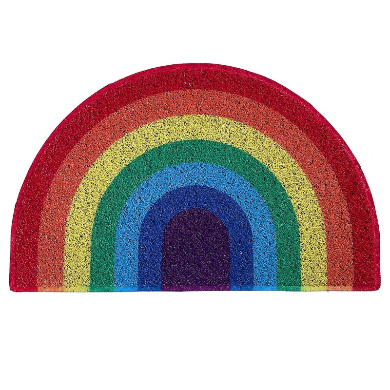 Tęczowa wycieraczka o wymiarach 40 x 60 cm, idealna na prezent na parapetówkę. Zatrzymuje brud i jest odporna na zużycie, tworząc nowoczesny, minimal