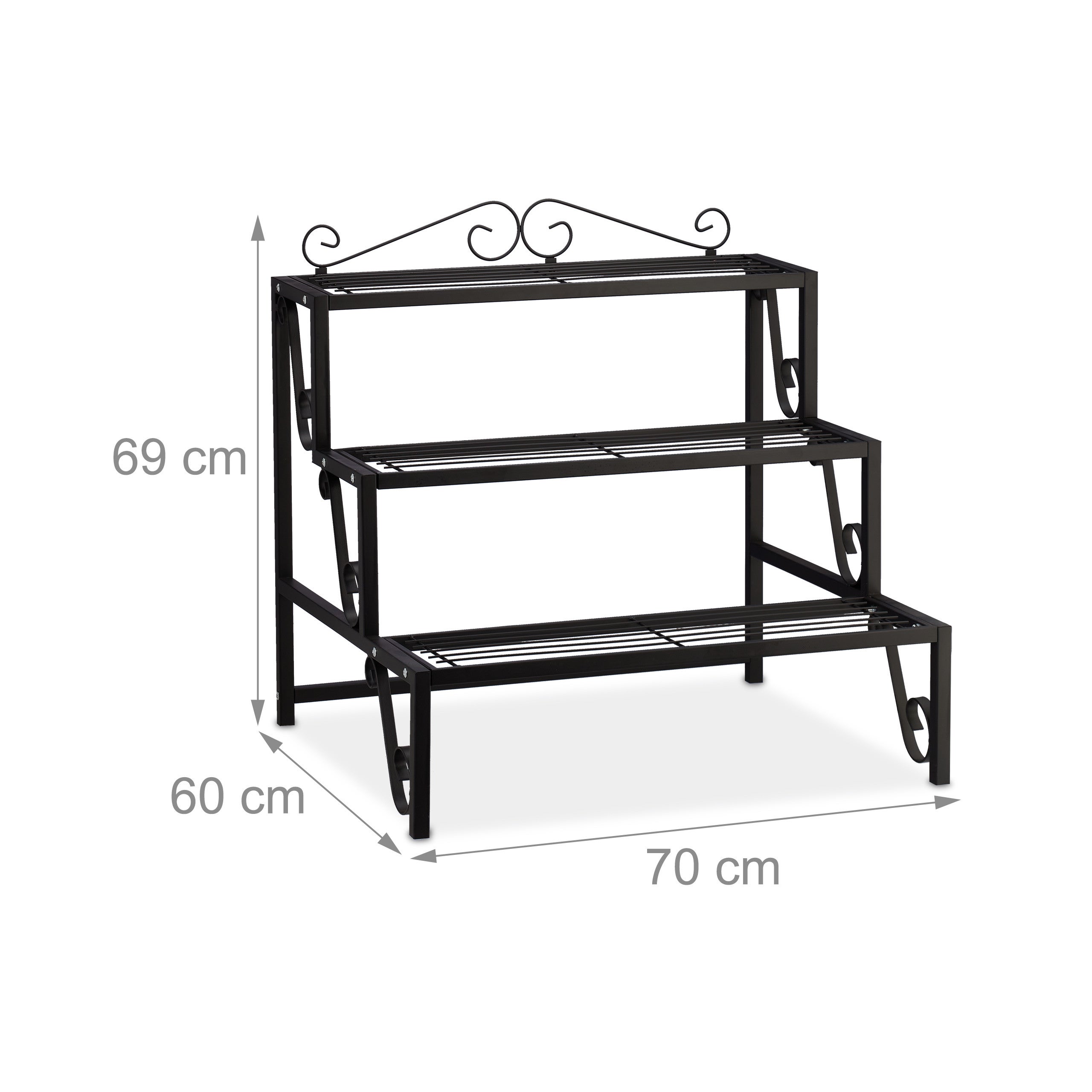 Étagère à plantes en métal, 3 niveaux, pour intérieur et extérieur, avec ornements, 69 x 70 x 60 cm, noire, Relaxdays - 4