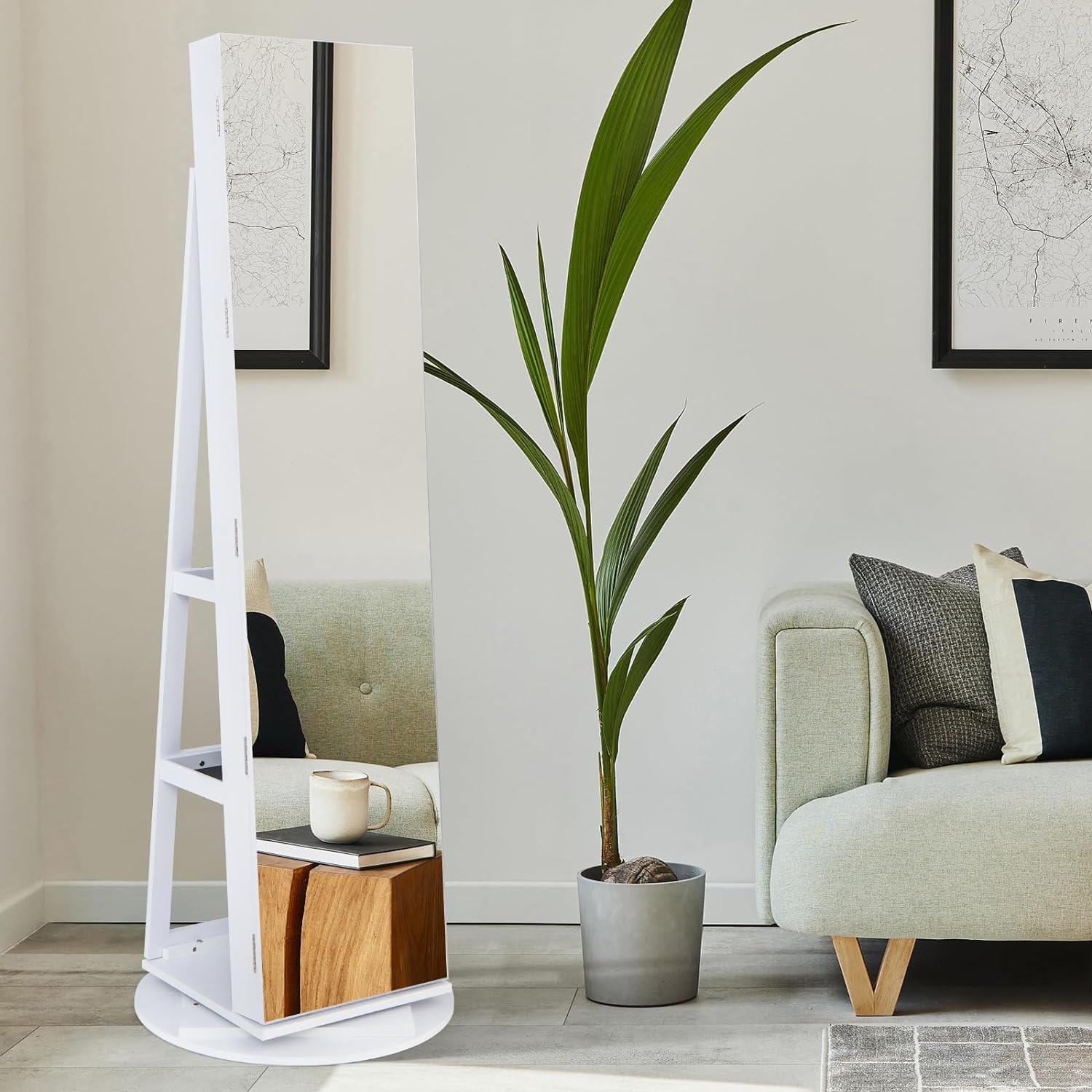 Armadietto per Gioielli Girevole a 360°, con Specchio a Figura Intera Luce a LED a 3 Colori, Specchio Interno per il Trucco con Serratura, 54,5x 54,5 - 2