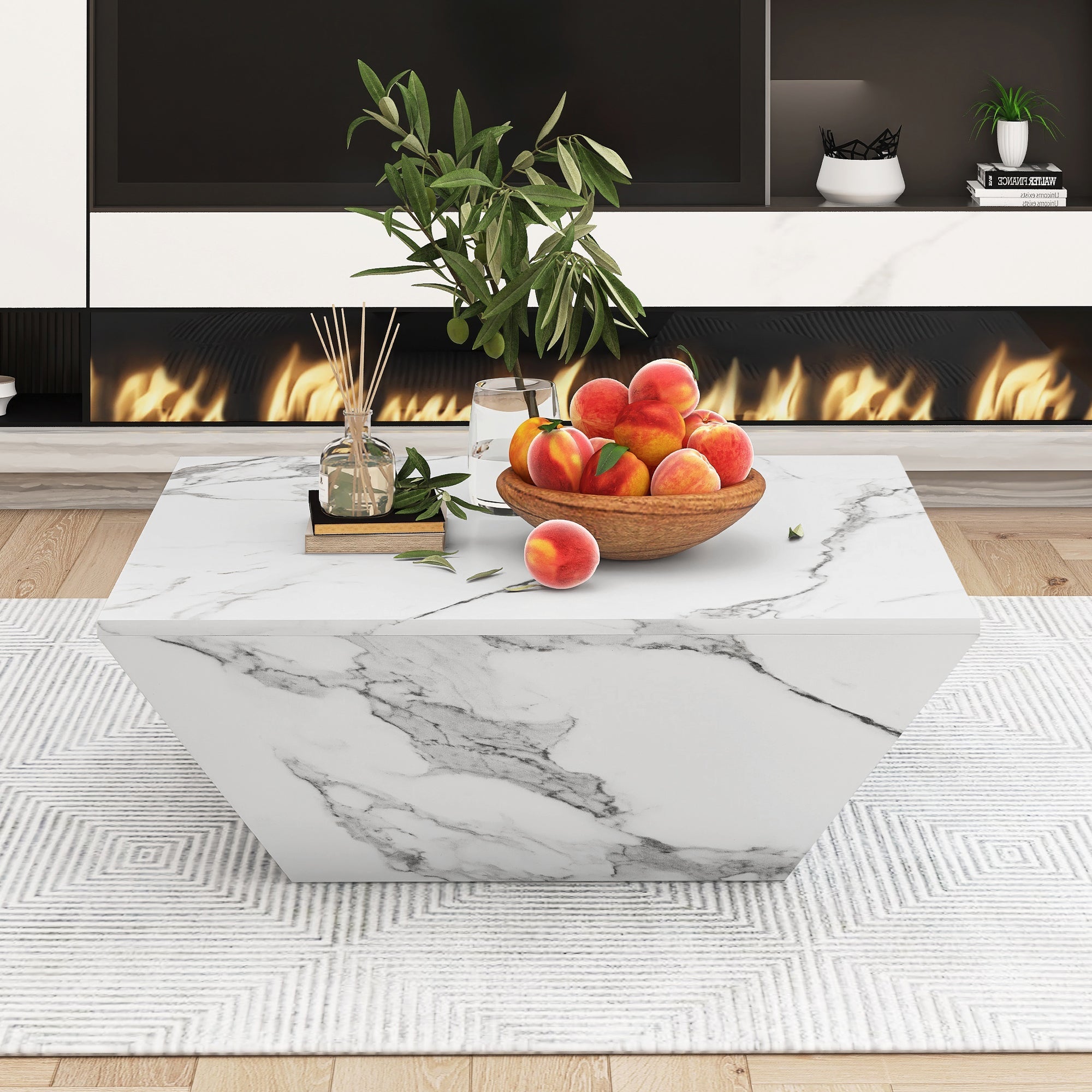 Trommel Couchtisch Trapezowy - Biały Marmorfurnier, 70x70x37cm, MDF, 2 Schublady