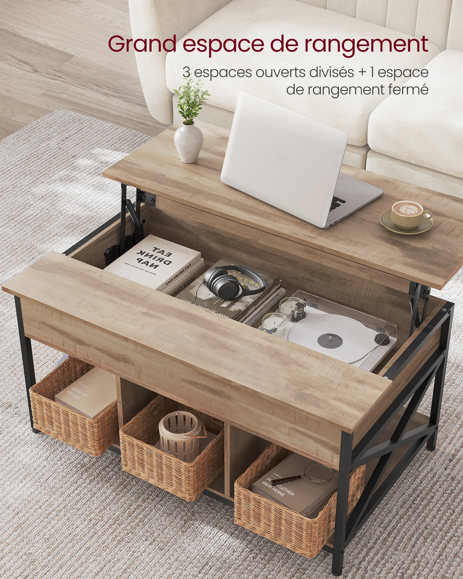 Table Basse, Table de Salon avec Plateau Relevable, Barres en Forme de X, 60 x 100 x (48-62) cm, Marron Chêne et Noir - 4