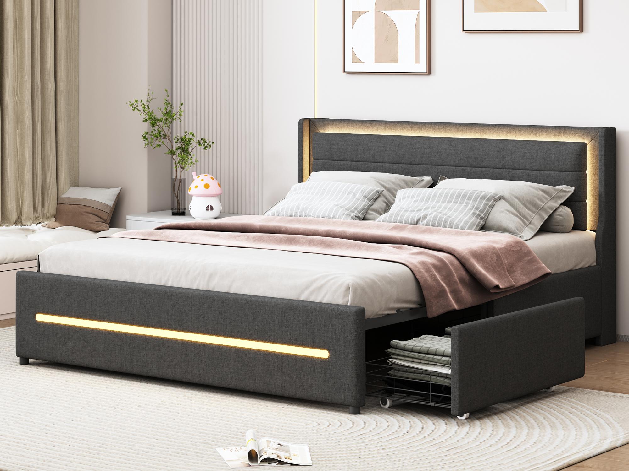 Łóżko podwójne tapicerowane 160x200cm w pościeli - z 4 szufladami i oświetleniem LED - z listwową podstawą - Szary