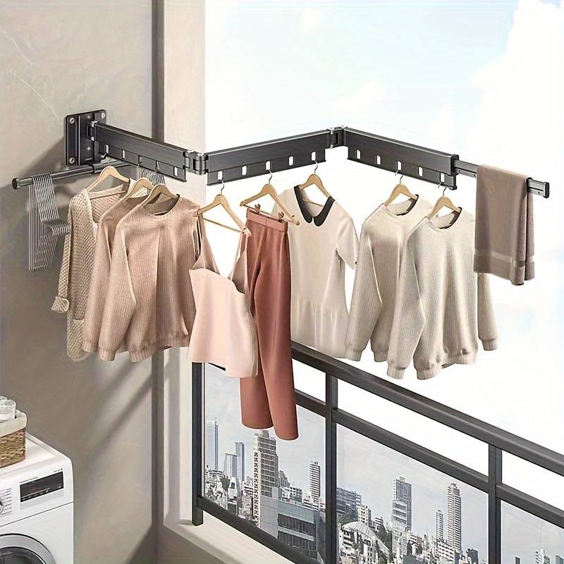 Étendoir à linge mural pliable 128,5 cm, installation sans perçage ou à vis, anti-vent et résistant, pour balcon et salle de bain - 2