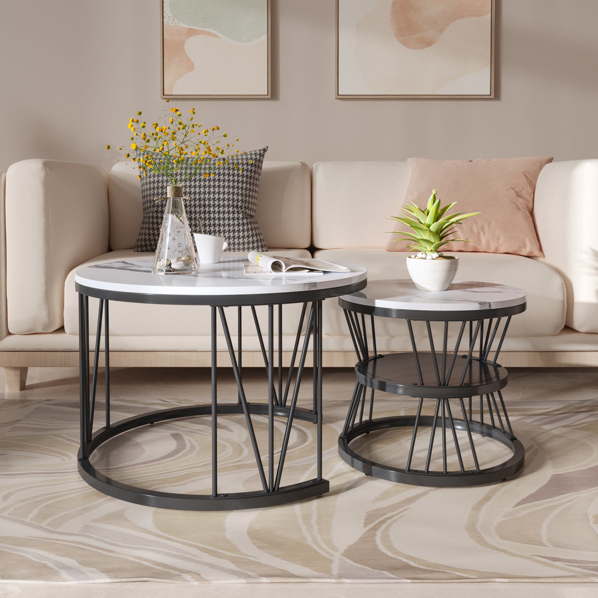 Ensemble de 2 Tables Basses Rondes, Tables Gigognes de Salon Modernes avec Pieds en Métal Doré, Noir et Blanc(70 x 45cm) - 4