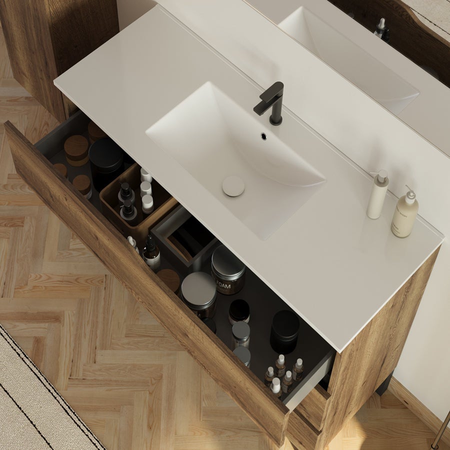 Meuble de salle de bain 100cm simple vasque - sans miroir - 3 tiroirs - tabaco (bois foncé) - MATA - 2