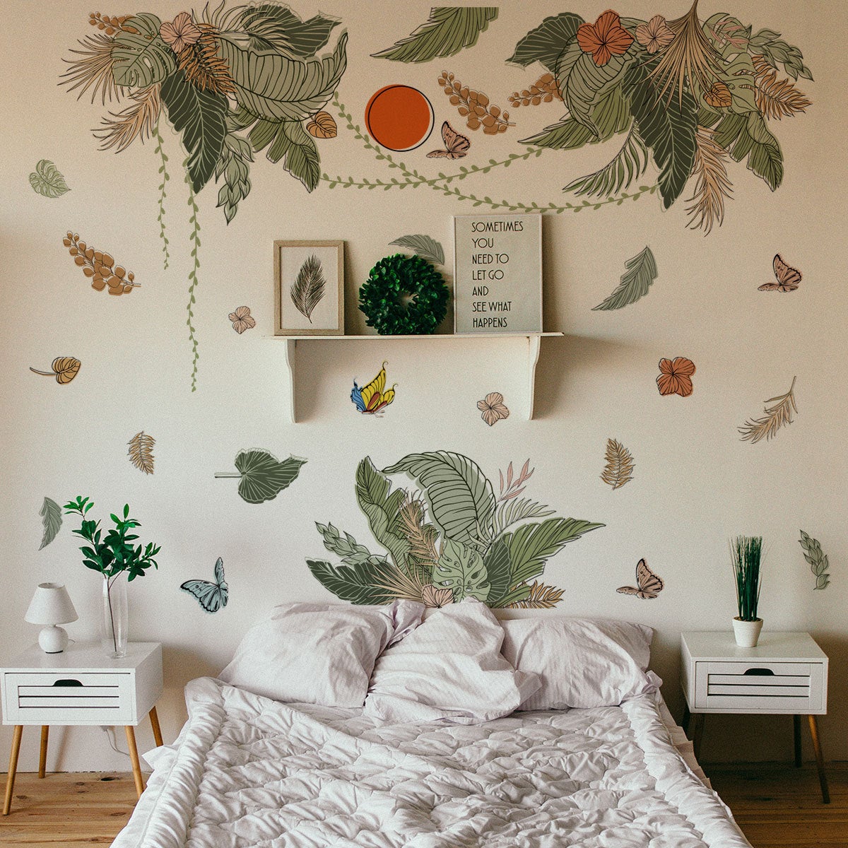 Naklejki ścienne z motywem tropikalnym, liście kwiatów boho, zielona naklejka ścienna z tropikalną rośliną, kwiatowe liście palmy, dekoracja ścienna d