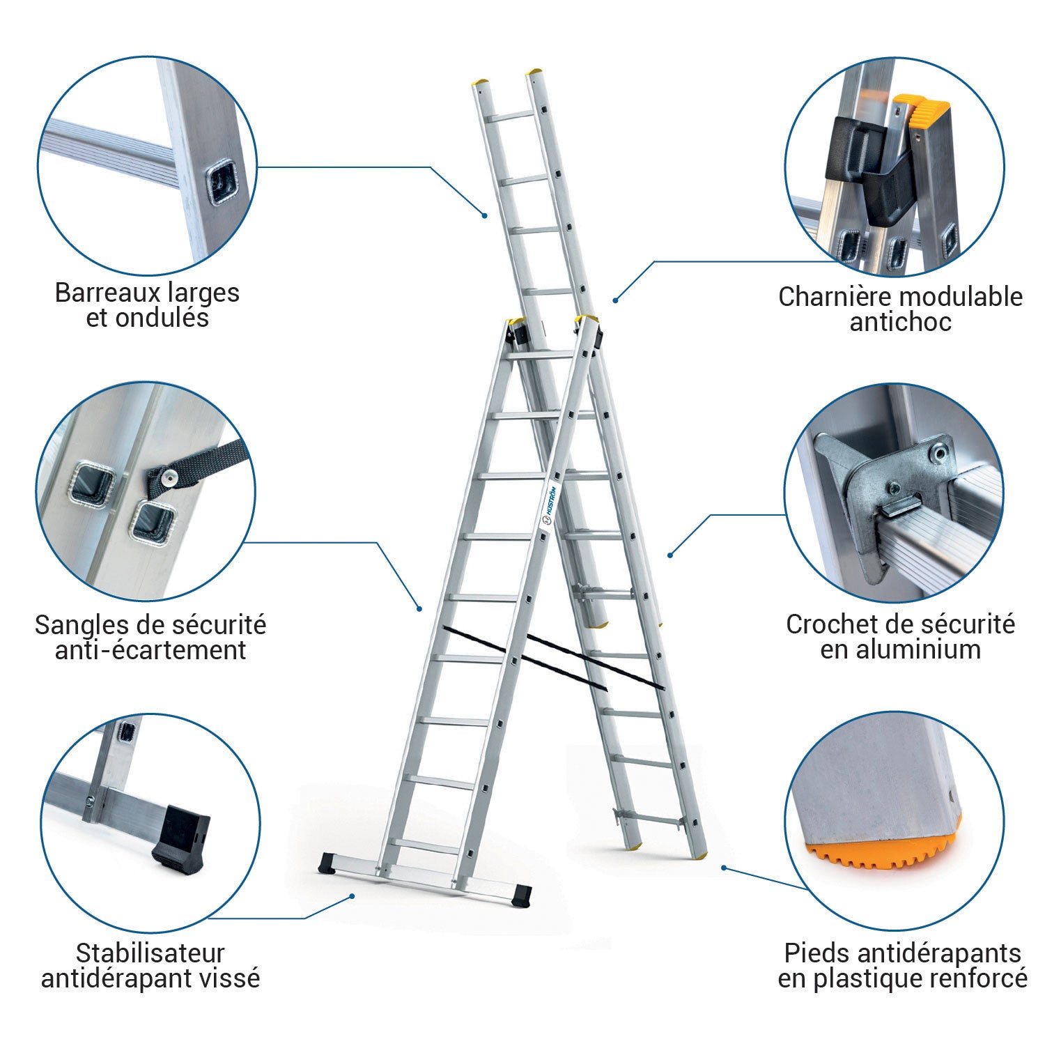 HOSTRÖM Echelle transformable 3 plans StablePro 3x9 marches aluminium extensible coulissante, 6 positions, hauteur travail max 6,10m, garantie 5 ans - 2