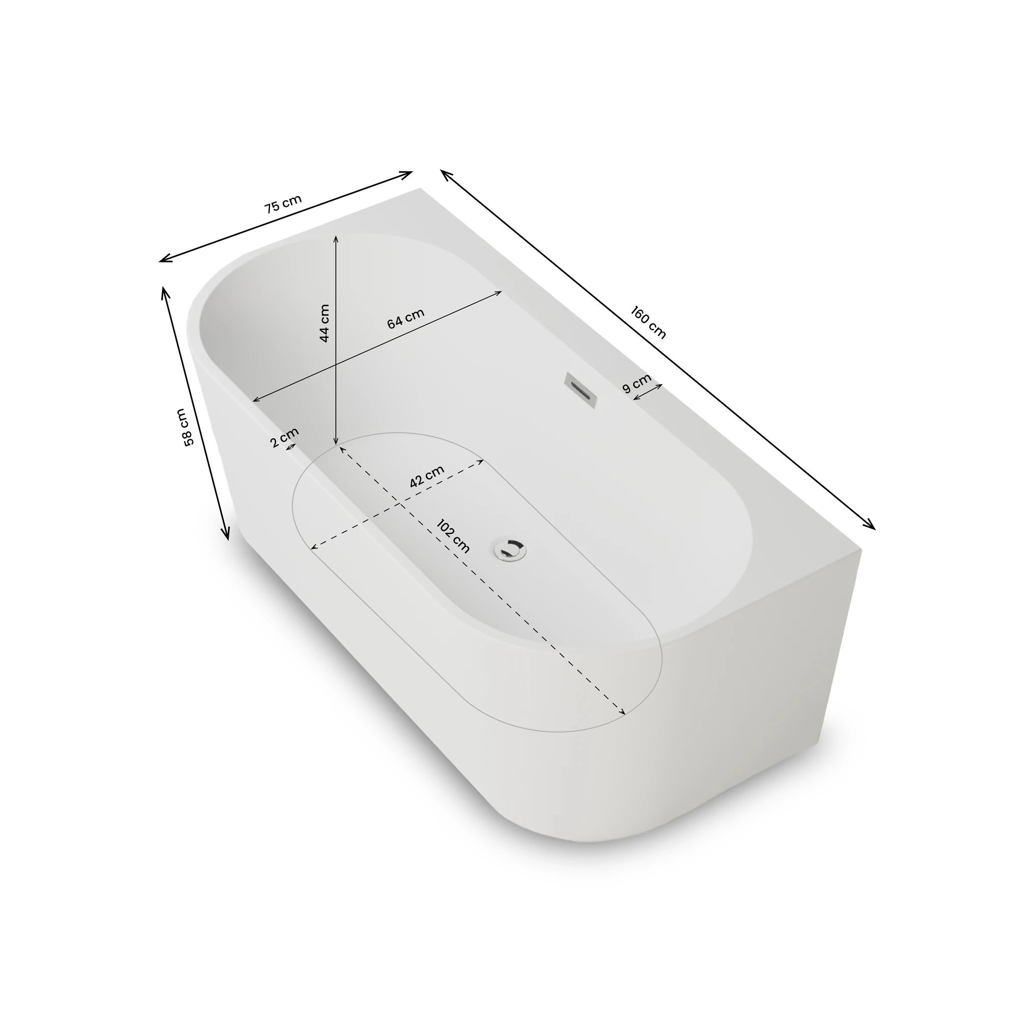 Baignoire Semi-îlot Murale Naos 160 Blanche 160 X75 X58 Cm, By Spalina - 4