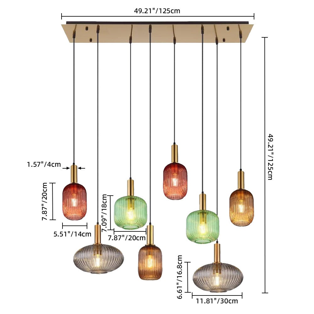 Suspension unique avec 3 abat-jours en verre cannelé, multicolore, diamètre 125 cm - 2